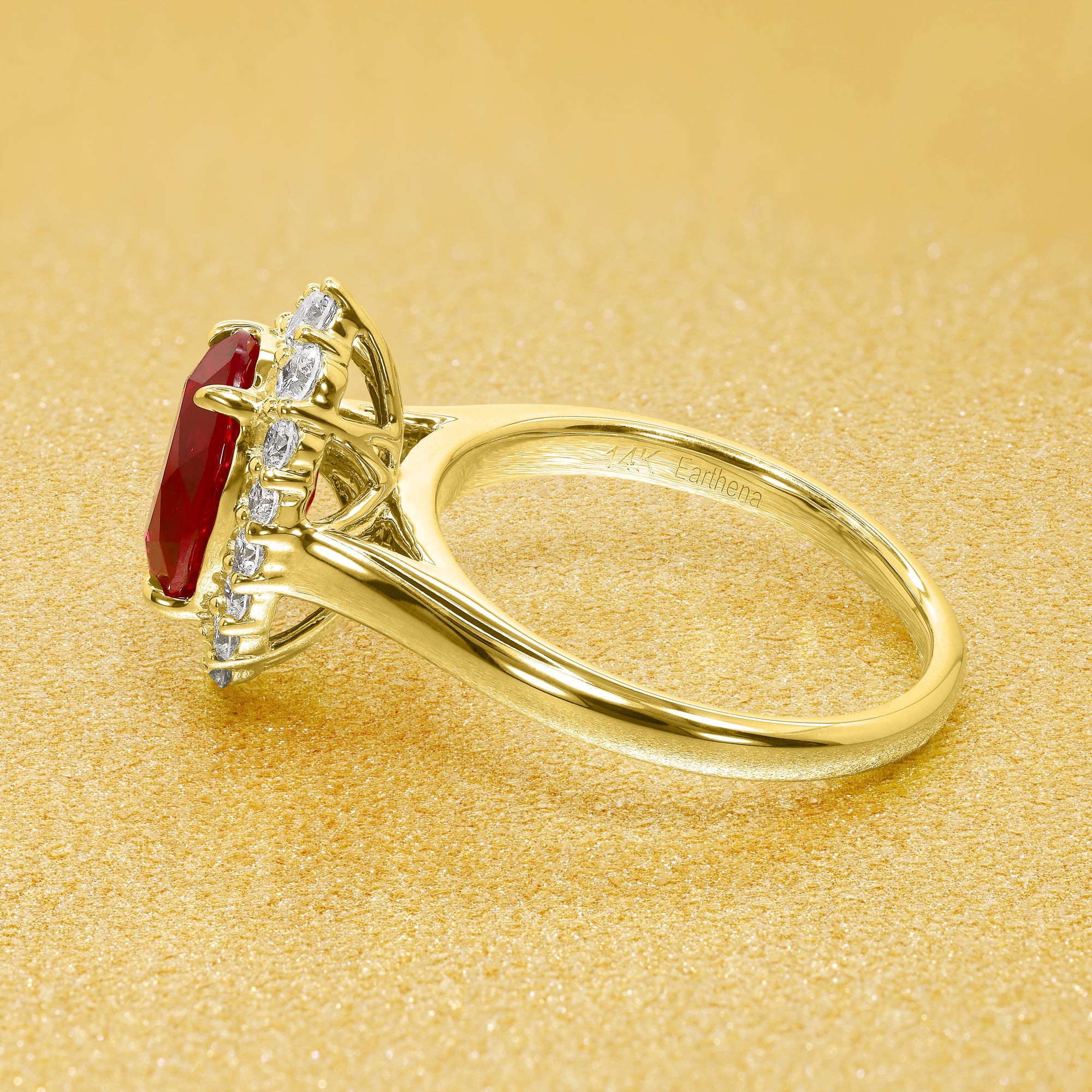 Gloria 2ct Oval Lab-Grown Ruby Halo Cathedral Engagement Ring in 14K Gold, 18K Gold, or Platinum by Earthena Jewelry of Beverly Hills.