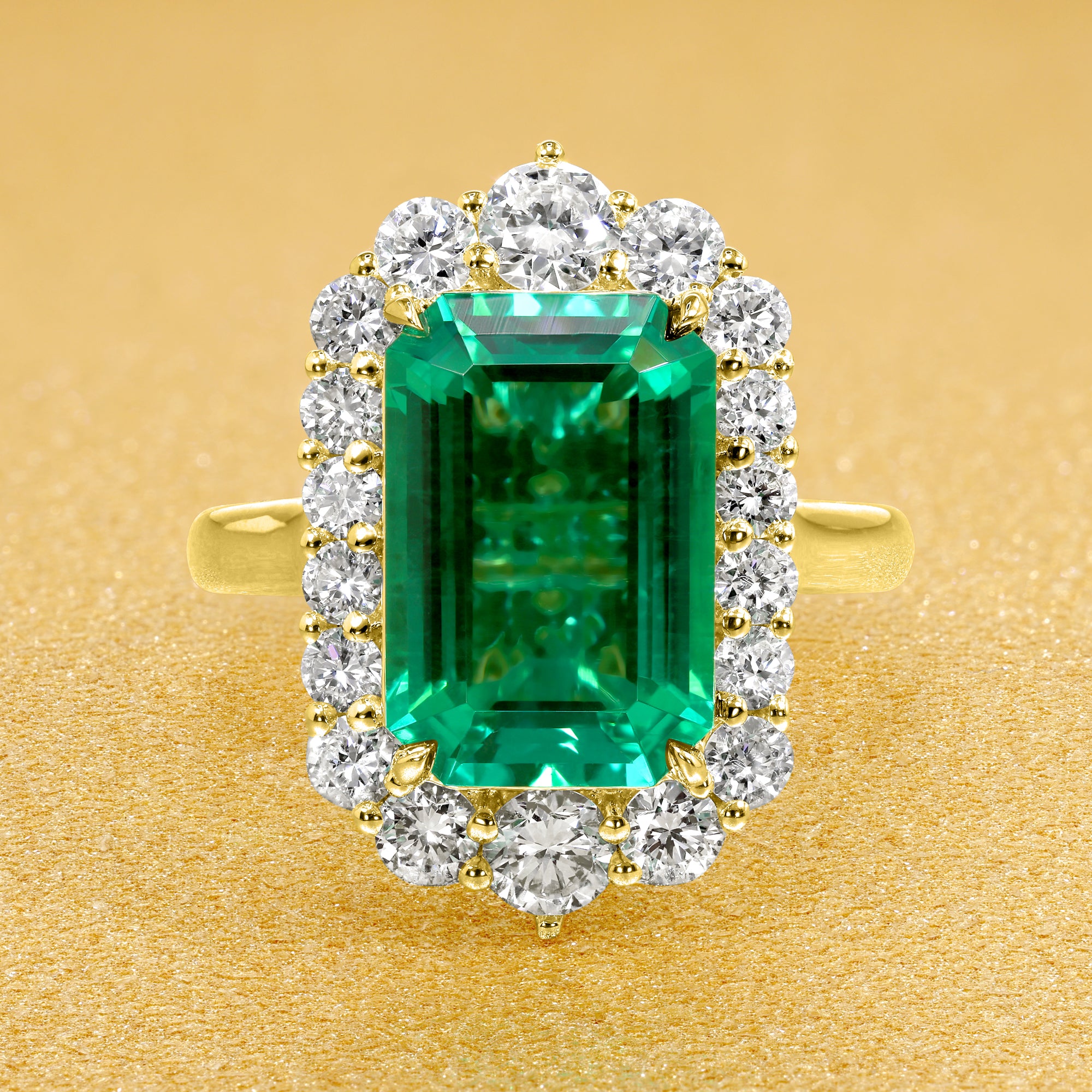 Gloria 3.5ct Emerald-Cut Lab-Grown Colombian Green Emerald Halo Cathedral Engagement Ring in 14K Gold, 18K Gold, or Platinum by Earthena Jewelry of Beverly Hills.