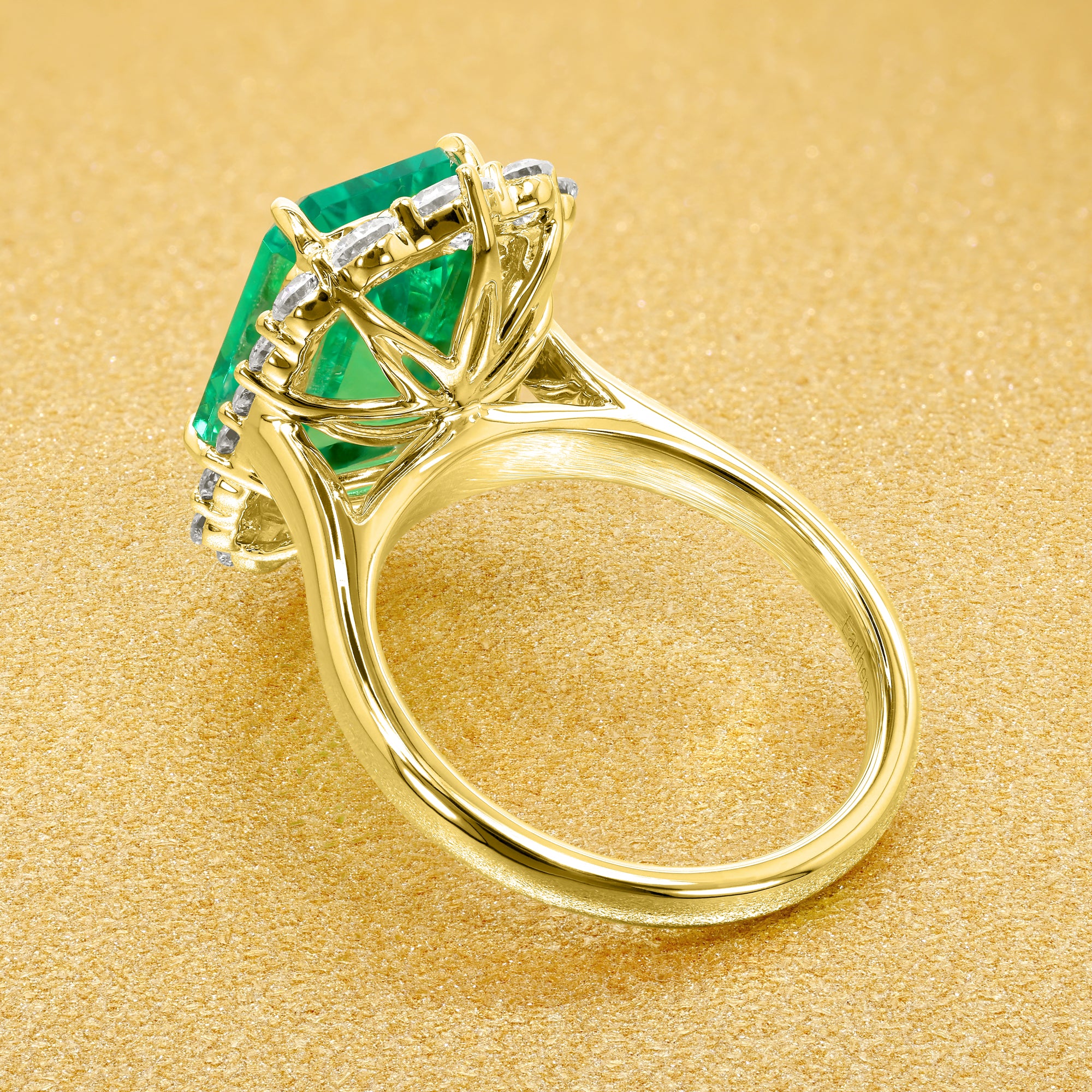 Gloria 3.5ct Emerald-Cut Lab-Grown Colombian Green Emerald Halo Cathedral Engagement Ring in 14K Gold, 18K Gold, or Platinum by Earthena Jewelry of Beverly Hills.