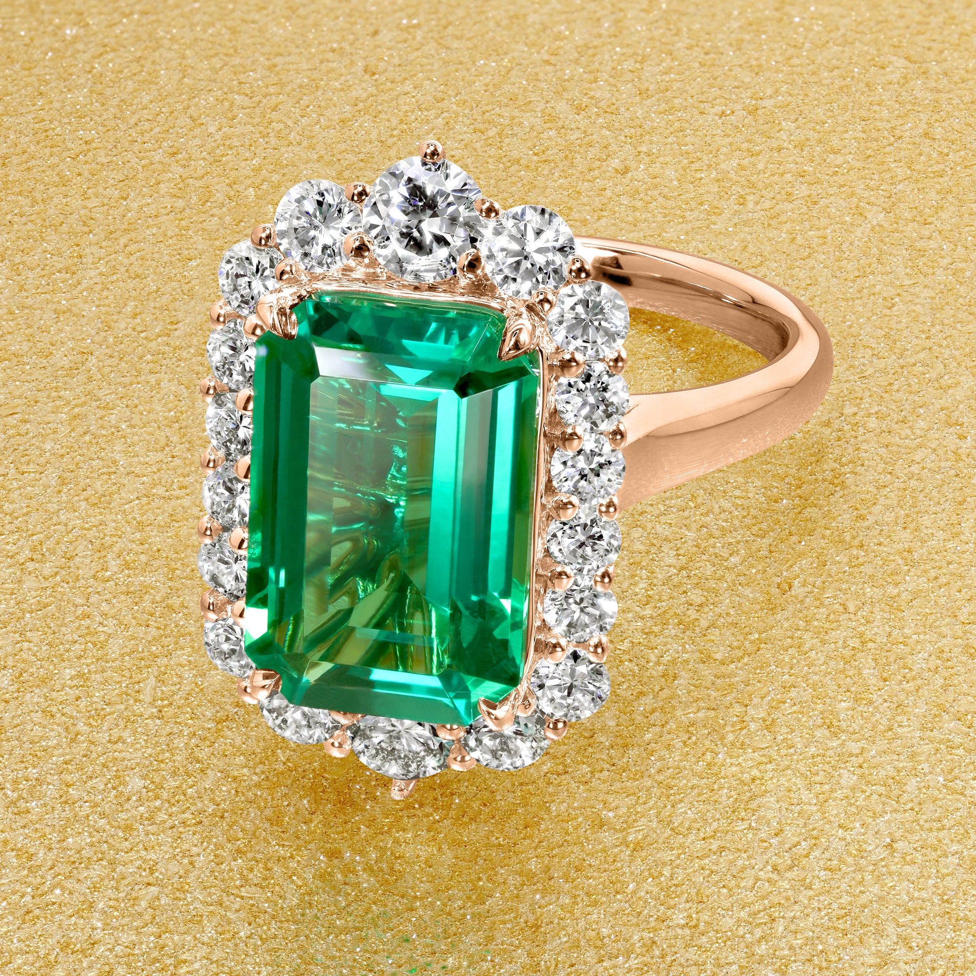 Gloria 3.5ct Emerald-Cut Lab-Grown Colombian Green Emerald Halo Cathedral Engagement Ring in 14K Gold, 18K Gold, or Platinum by Earthena Jewelry of Beverly Hills.