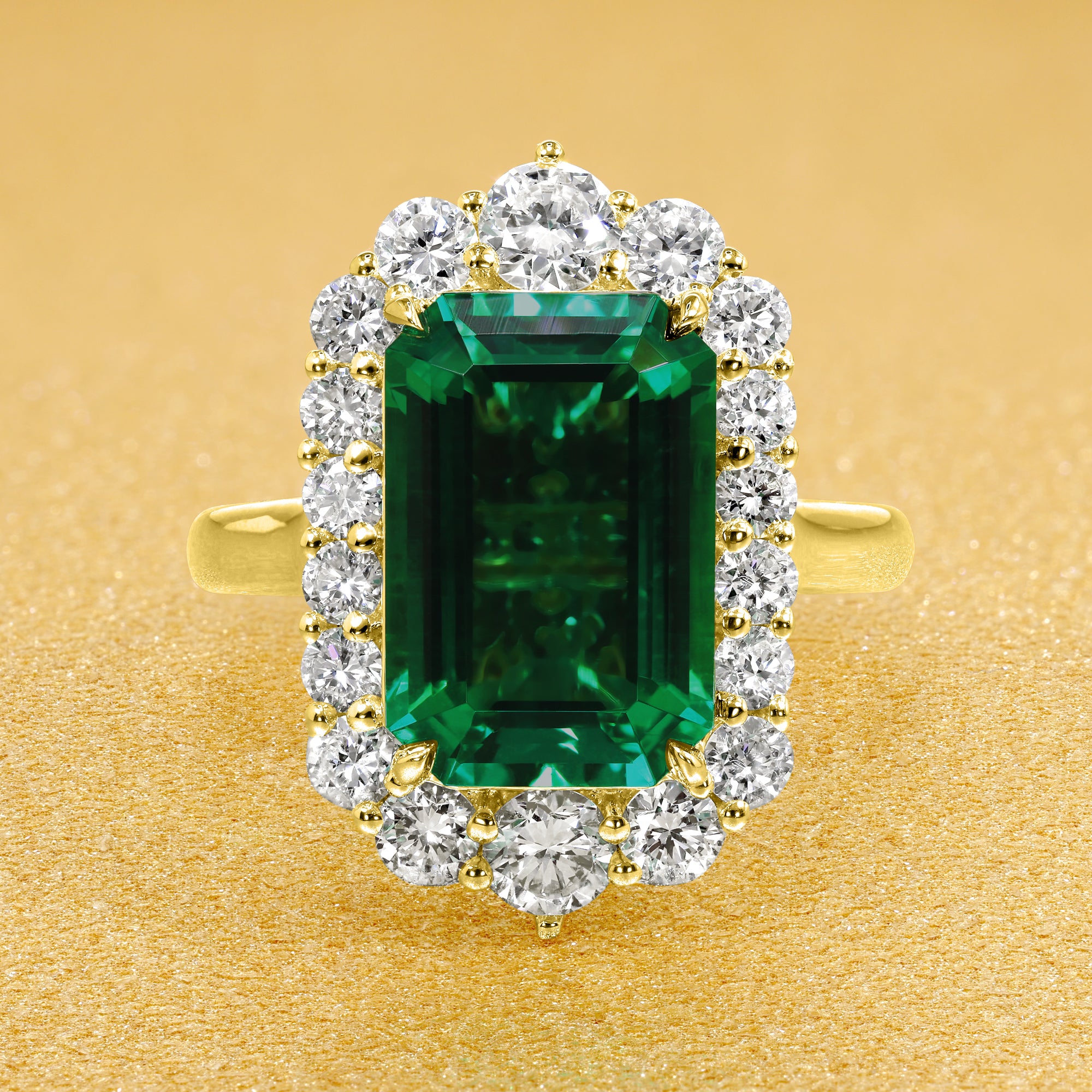Gloria 3.5ct Emerald-Cut Lab-Grown Green Zambian Emerald Halo Cathedral Engagement Ring in 14K Gold, 18K Gold, or Platinum by Earthena Jewelry of Beverly Hills.