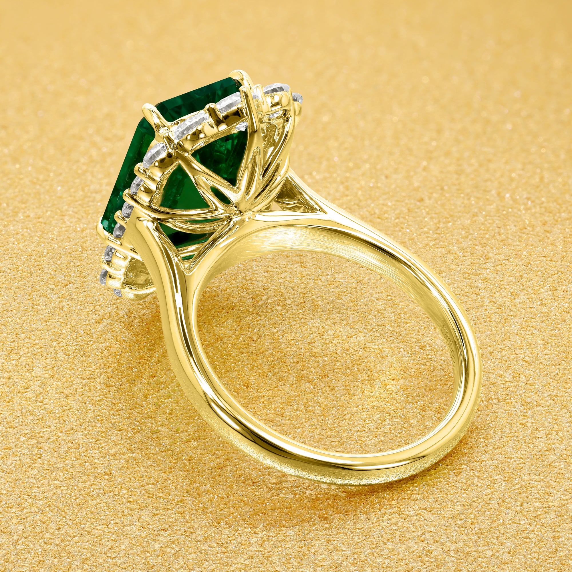Gloria 3.5ct Emerald-Cut Lab-Grown Green Zambian Emerald Halo Cathedral Engagement Ring in 14K Gold, 18K Gold, or Platinum by Earthena Jewelry of Beverly Hills.