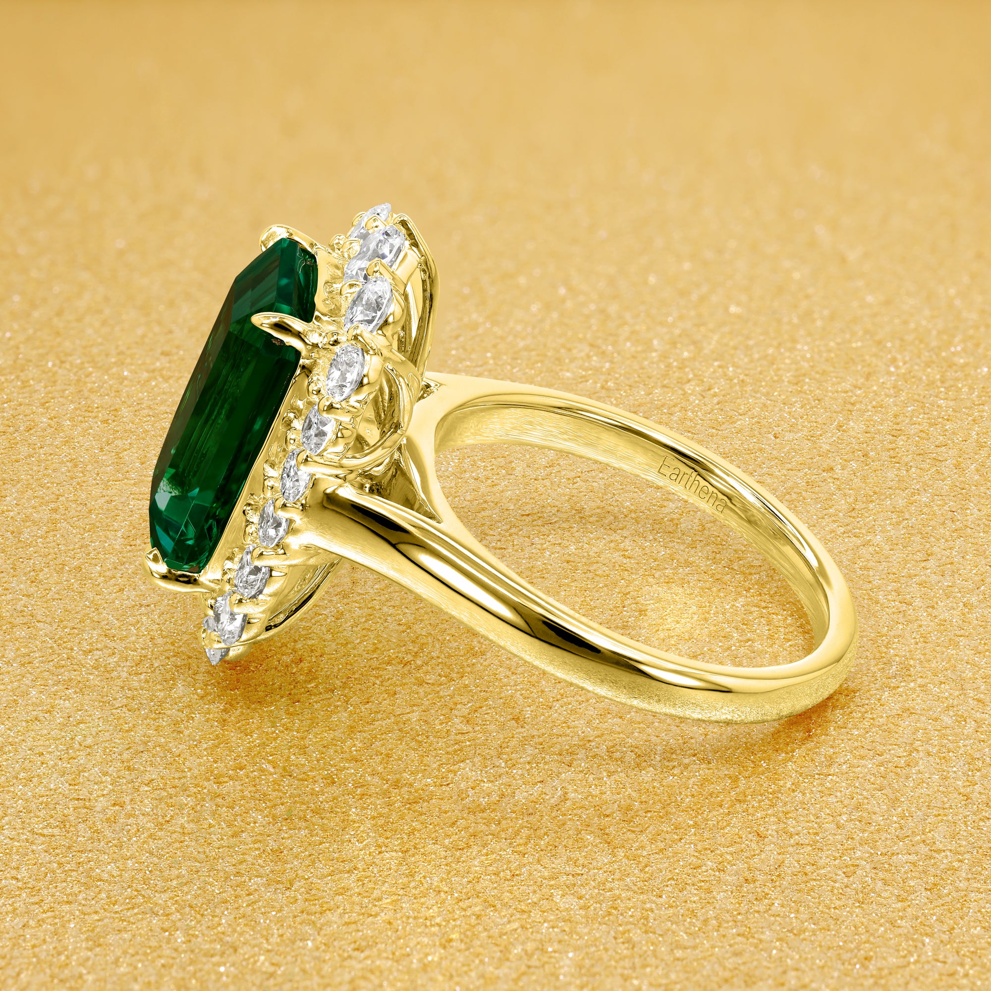 Gloria 3.5ct Emerald-Cut Lab-Grown Zambia Green Emerald Halo Cathedral Engagement Ring in 14K Gold, 18K Gold, or Platinum by Earthena Jewelry of Beverly Hills.