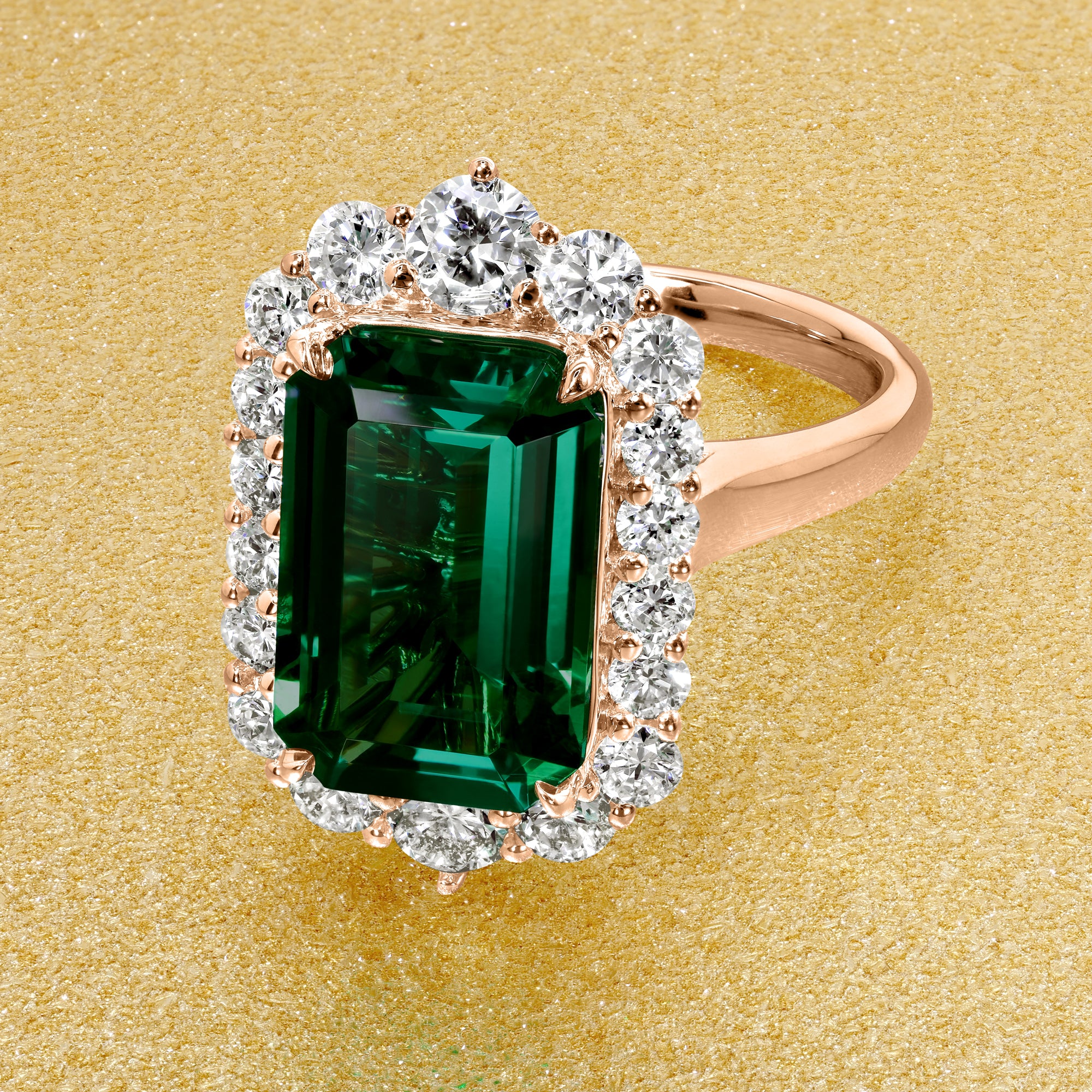 Gloria 3.5ct Emerald-Cut Lab-Grown Zambia Green Emerald Halo Cathedral Engagement Ring in 14K Gold, 18K Gold, or Platinum by Earthena Jewelry of Beverly Hills.