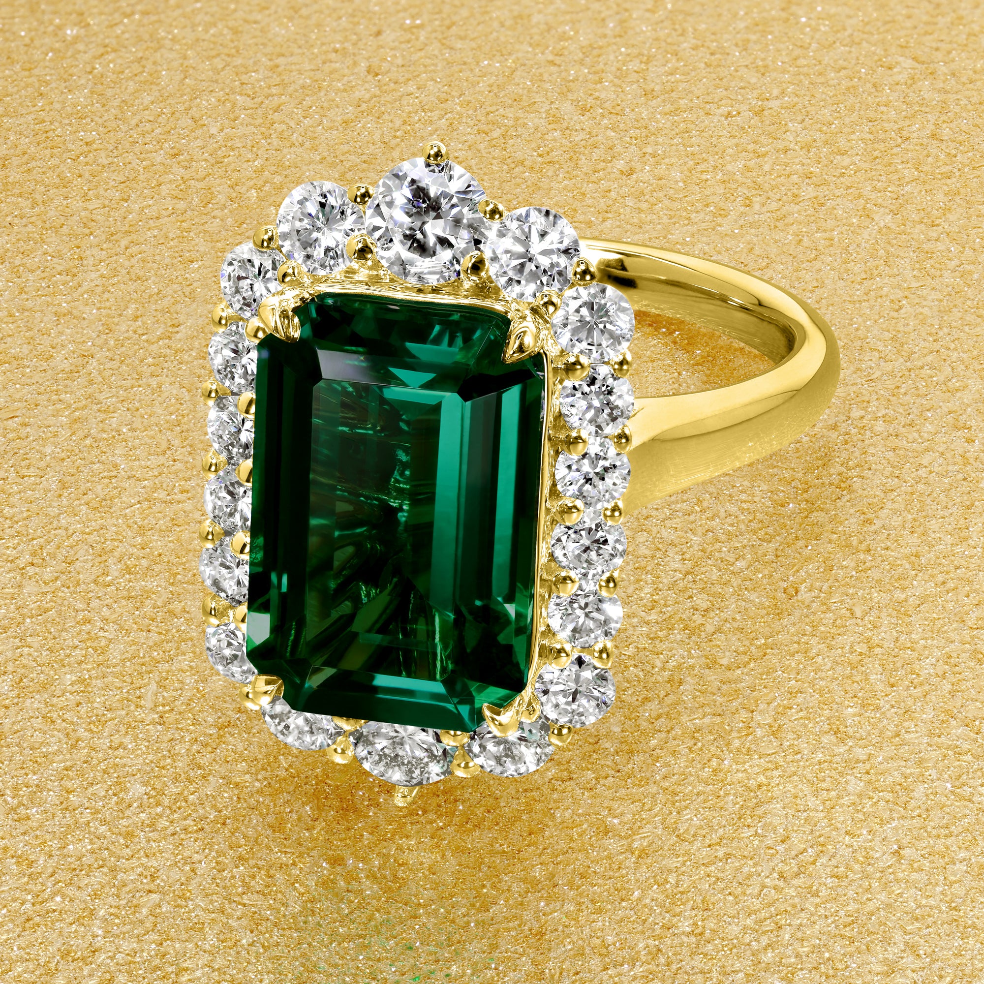 Gloria 3.5ct Emerald-Cut Lab-Grown Zambia Green Emerald Halo Cathedral Engagement Ring in 14K Gold, 18K Gold, or Platinum by Earthena Jewelry of Beverly Hills.