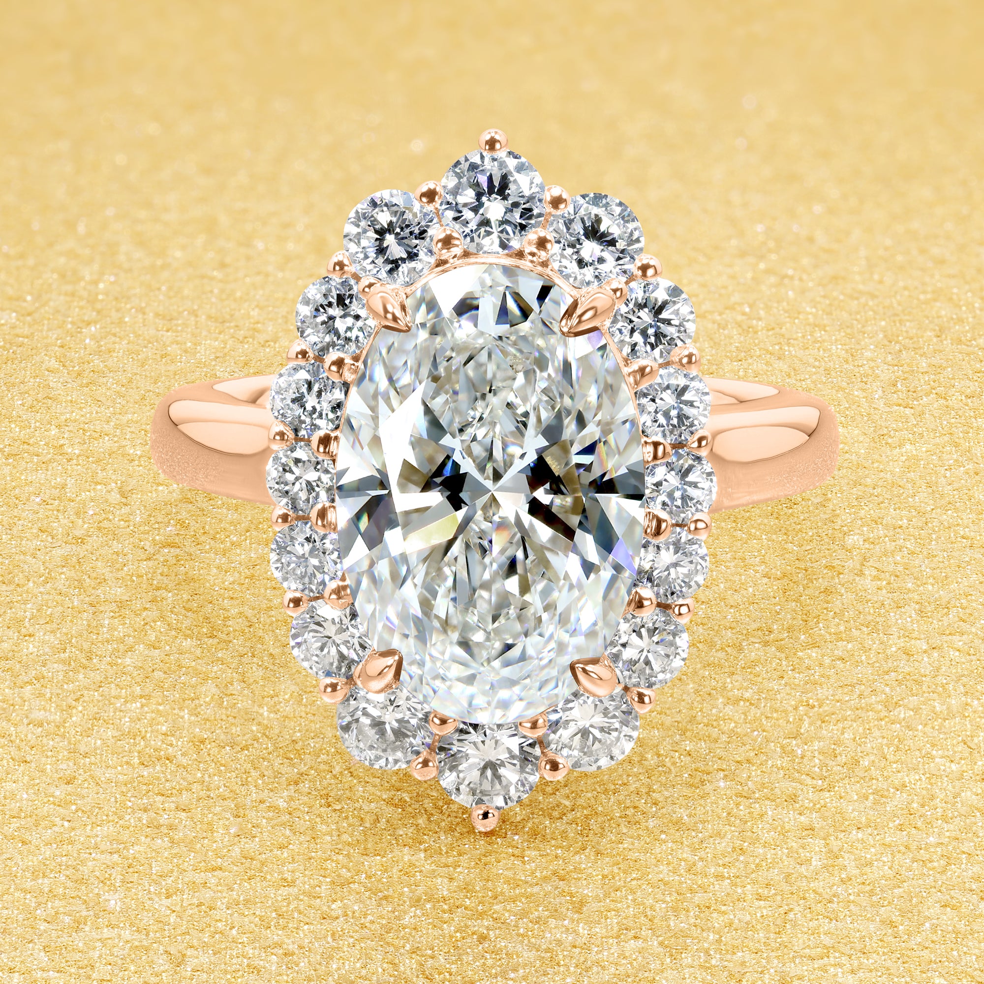 Gloria 3ct Oval-Cut Lab-Grown Diamond Halo Cathedral Engagement Ring in 14K Gold, 18K Gold, or Platinum by Earthena Jewelry of Beverly HIlls.