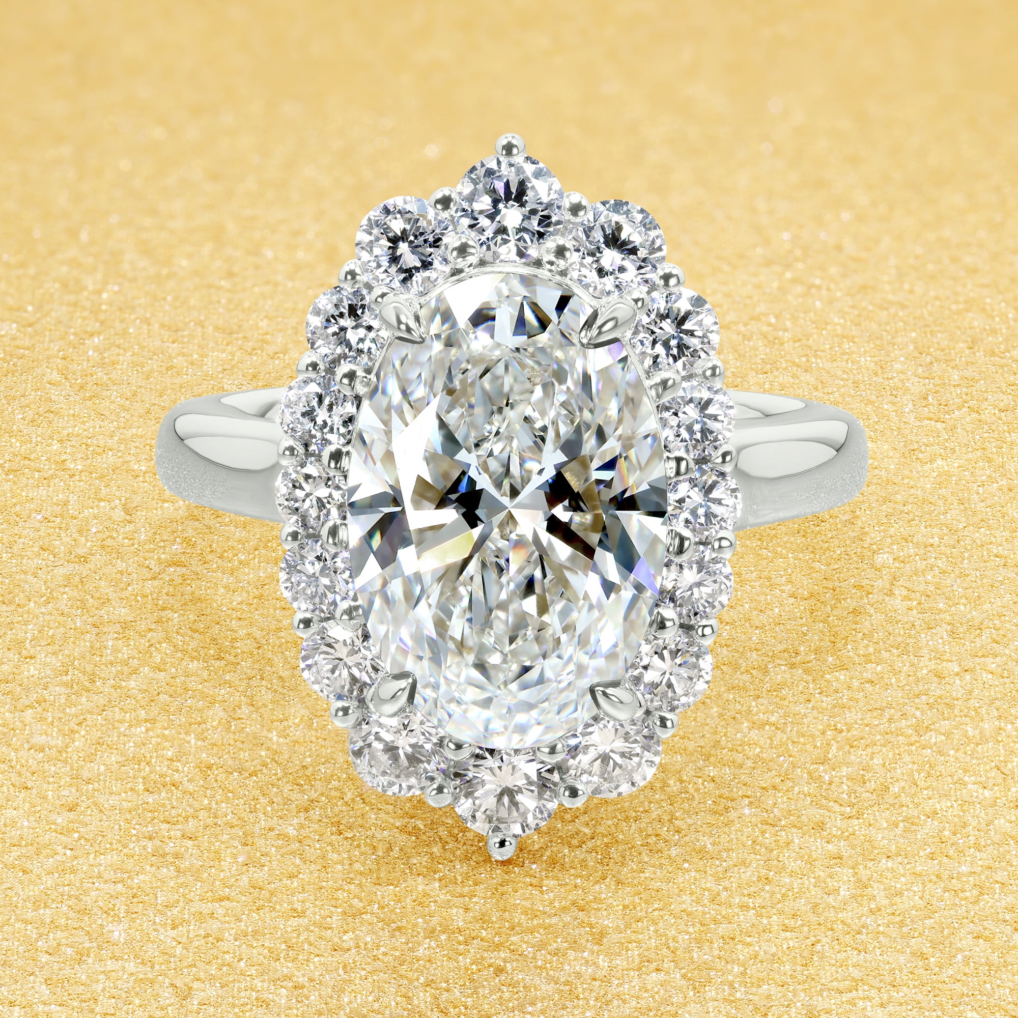 Gloria 3ct Oval-Cut Lab-Grown Diamond Halo Cathedral Engagement Ring in 14K Gold, 18K Gold, or Platinum by Earthena Jewelry of Beverly HIlls.