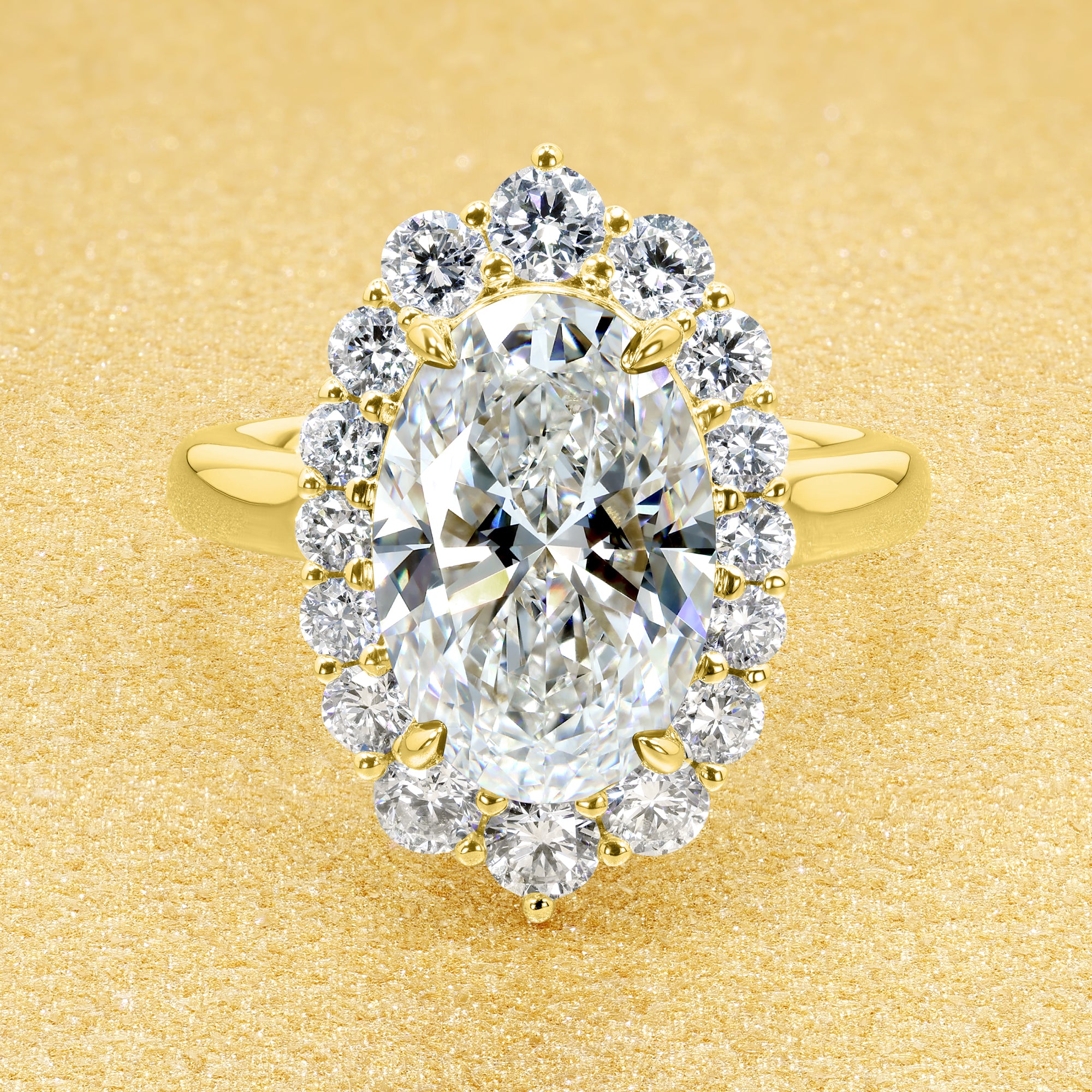 Gloria 3ct Oval-Cut Lab-Grown Diamond Halo Cathedral Engagement Ring in 14K Gold, 18K Gold, or Platinum by Earthena Jewelry of Beverly HIlls.