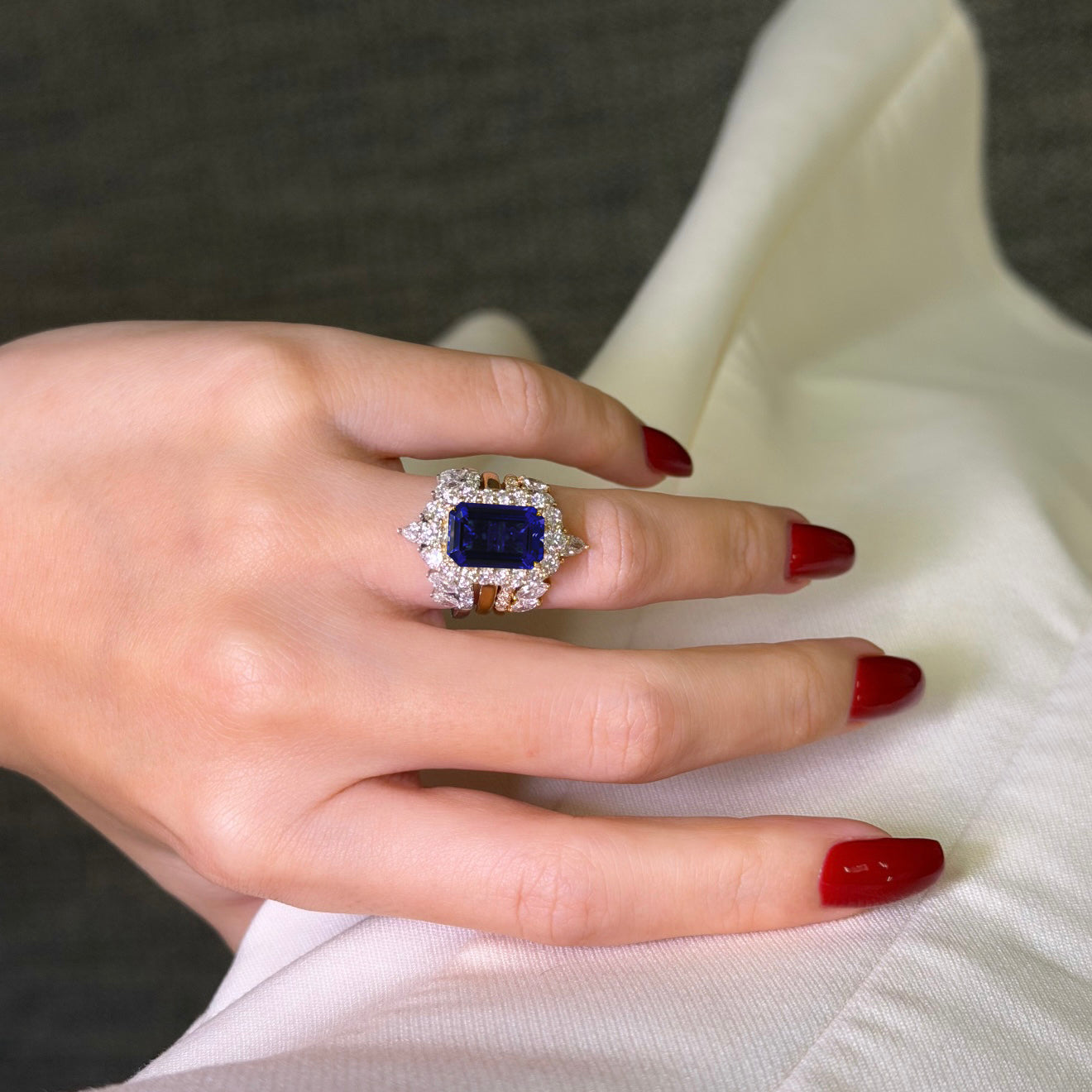 Gloria 4.5ct Emerald-cut Lab-Grown Ruby with Dual Isabella V-Shaped Diamond Bands in 14K Gold, 18K Gold, or Platinum by Earthena Jewelry of Beverly Hills.