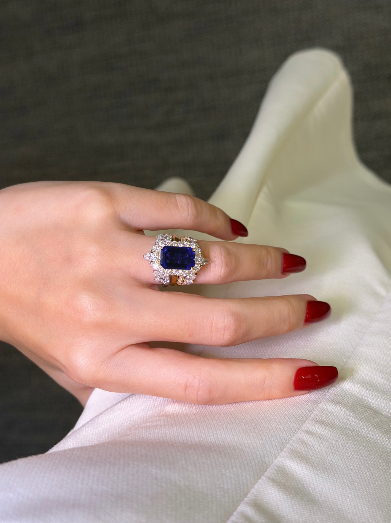 Gloria 4.5ct Emerald-Cut Lab-Grown Blue Sapphire Halo Cathedral Engagement Ring in 14K Gold, 18K Gold, or Platinum by Earthena Jewelry of Beverly Hills.