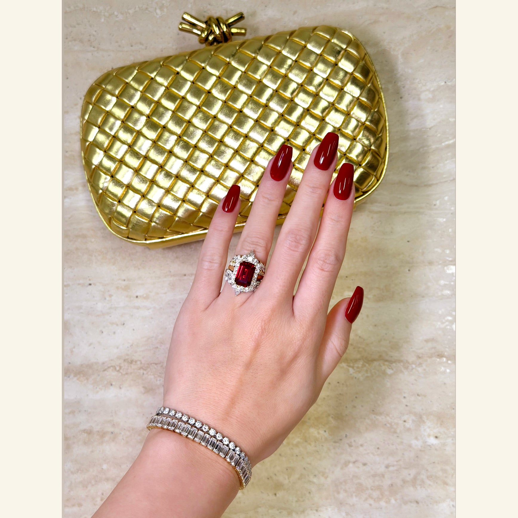 Gloria 4.5ct Emerald-Cut Lab-Grown Ruby Halo Cathedral Engagement Ring in 14K Gold, 18K Gold, or Platinum by Earthena Jewelry of Beverly Hills, California.