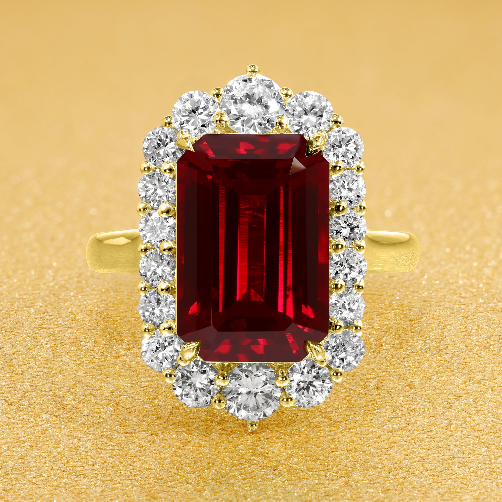 Gloria 4.5ct Emerald-Cut Lab-Grown Ruby Halo Cathedral Engagement Ring in 14K Gold, 18K Gold, or Platinum by Earthena Jewelry of Beverly Hills, California.