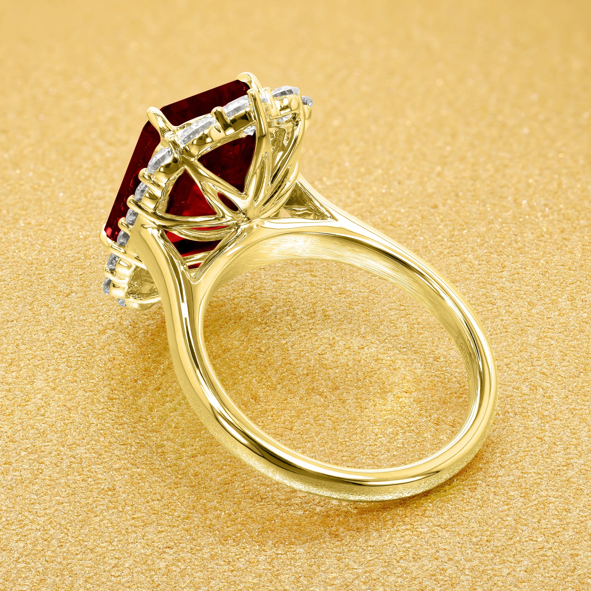 Gloria 4.5ct Emerald-Cut Lab-Grown Ruby Halo Cathedral Engagement Ring in 14K Gold, 18K Gold, or Platinum by Earthena Jewelry of Beverly Hills, California.