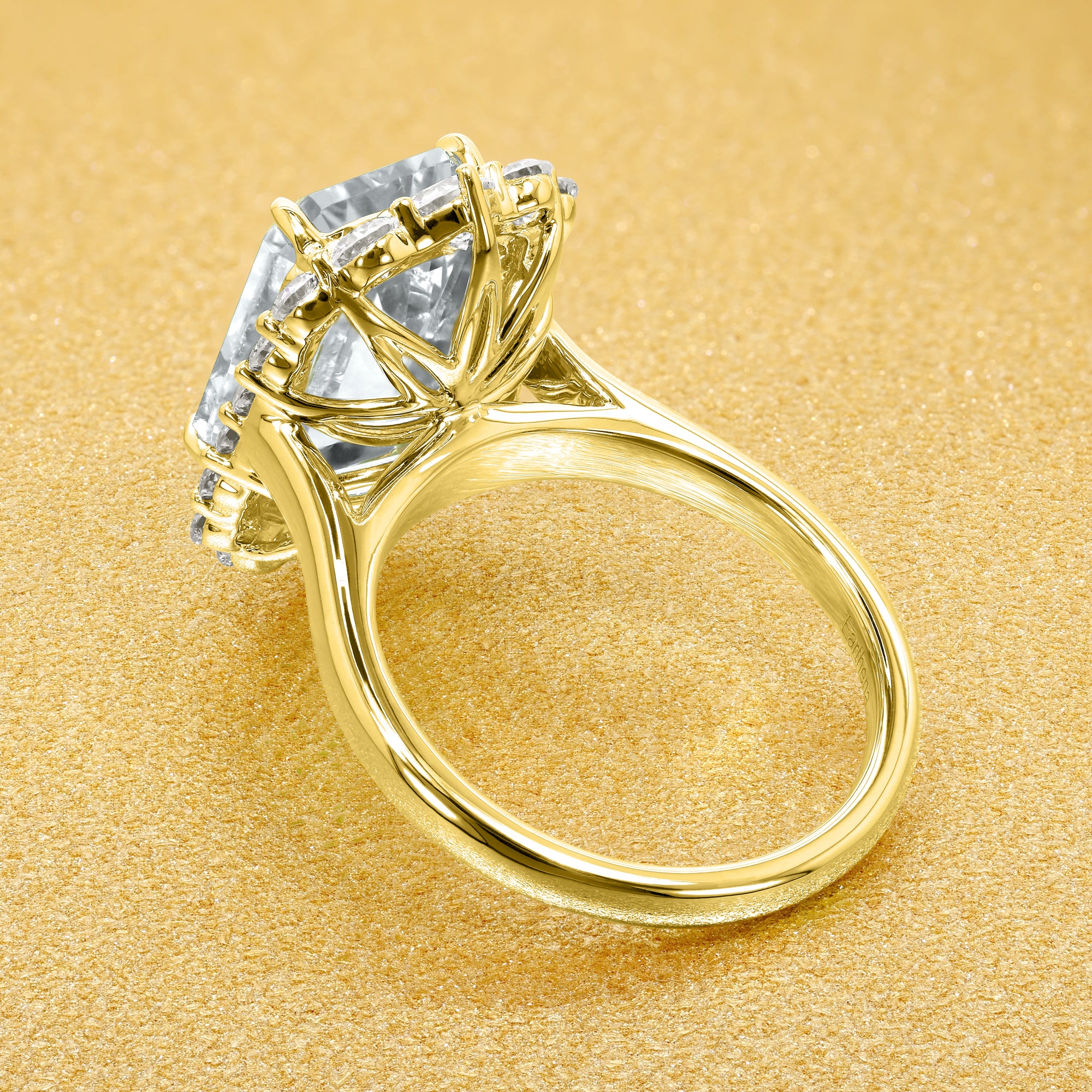 Gloria 4.5ct Elongated Radiant-cut Moissanite Halo Cathedral Engagement ring in 14K Gold, 18K Gold, or Platinum by Earthena Jewelry of Beverly Hills.