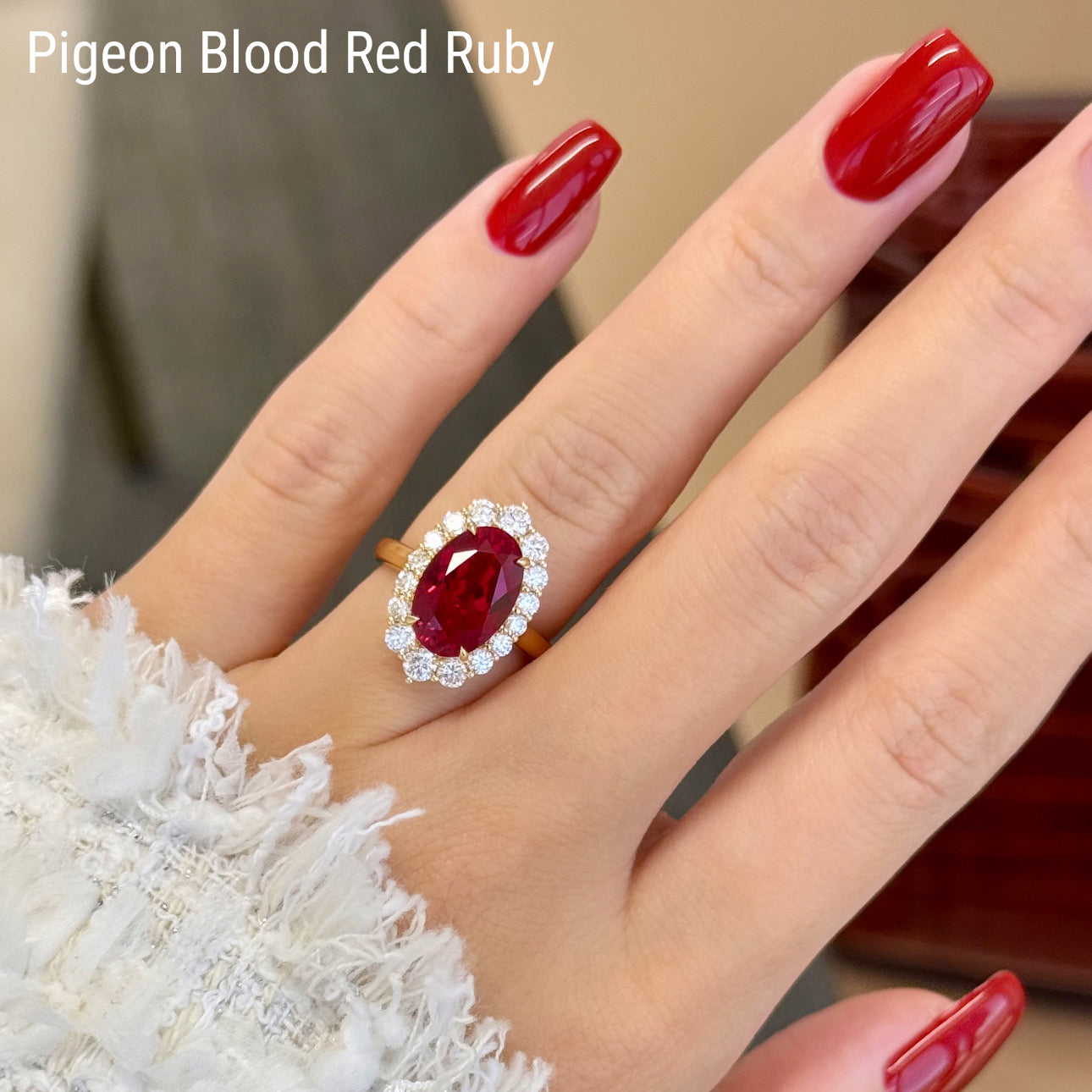 The Gloria, 4ct Elongated Lab-grown Oval-cut Ruby Halo Cathedral Ring