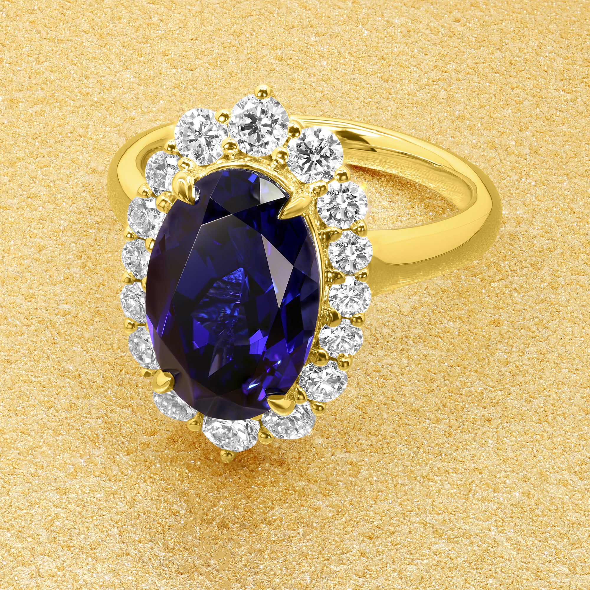 The Gloria, 4ct Elongated Oval-cut Blue Sapphire Halo Cathedral Ring by Earthena Jewelry of Beverly Hills handcrafted in Los Angeles, California.