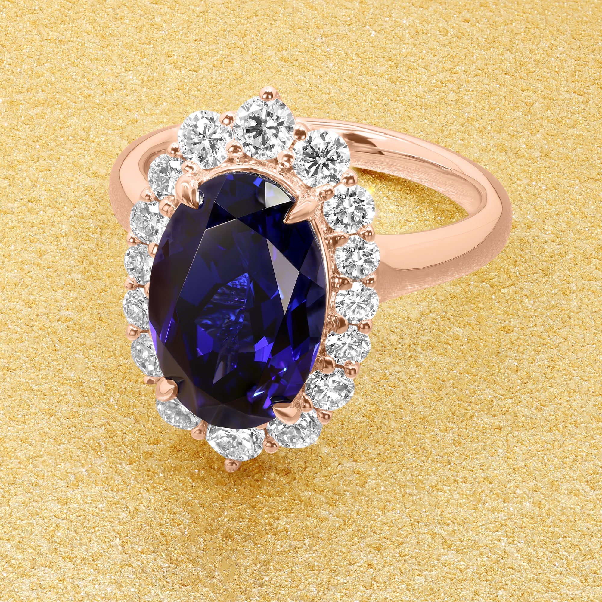 The Gloria, 4ct Elongated Oval-cut Blue Sapphire Halo Cathedral Ring by Earthena Jewelry of Beverly Hills handcrafted in Los Angeles, California.