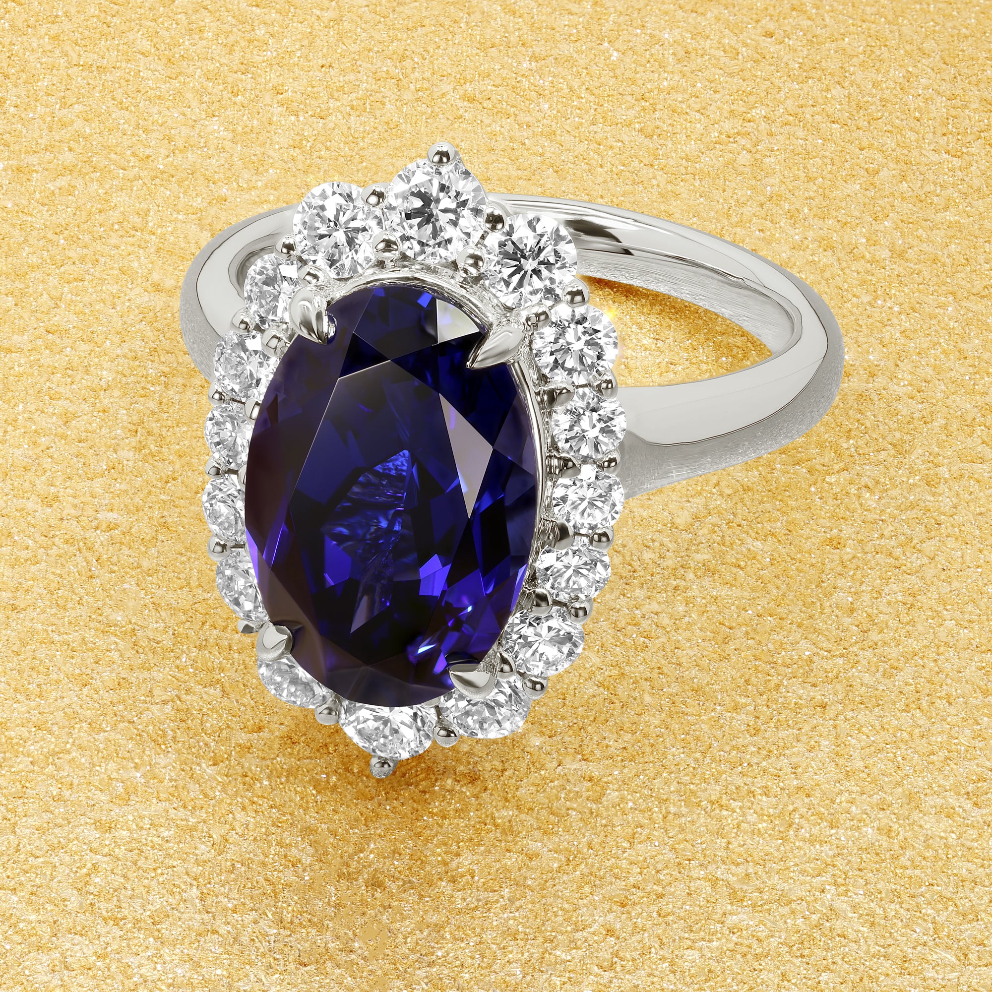 The Gloria, 4ct Elongated Oval-cut Blue Sapphire Halo Cathedral Ring by Earthena Jewelry of Beverly Hills handcrafted in Los Angeles, California.
