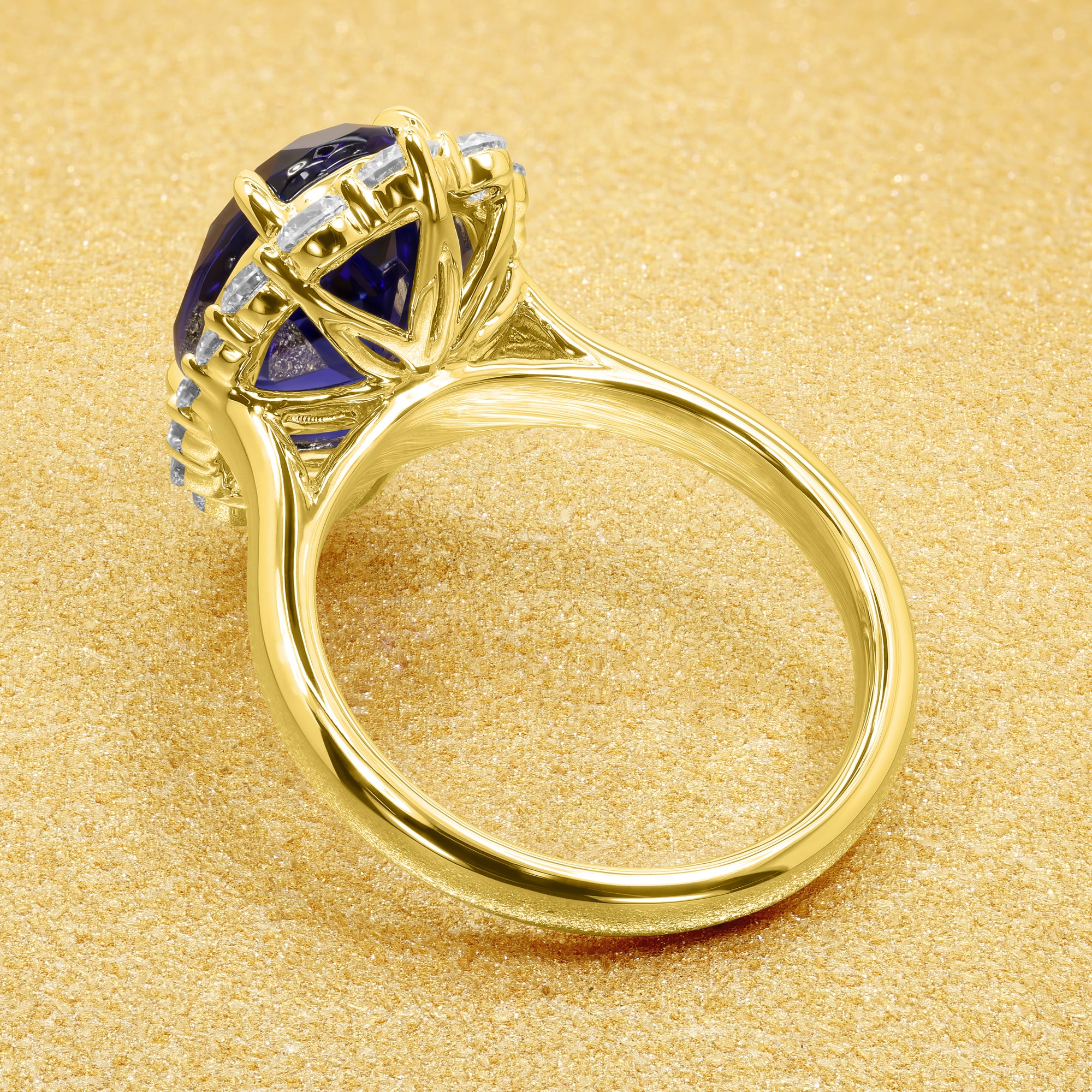 The Gloria, 4ct Elongated Oval-cut Blue Sapphire Halo Cathedral Ring by Earthena Jewelry of Beverly Hills handcrafted in Los Angeles, California.