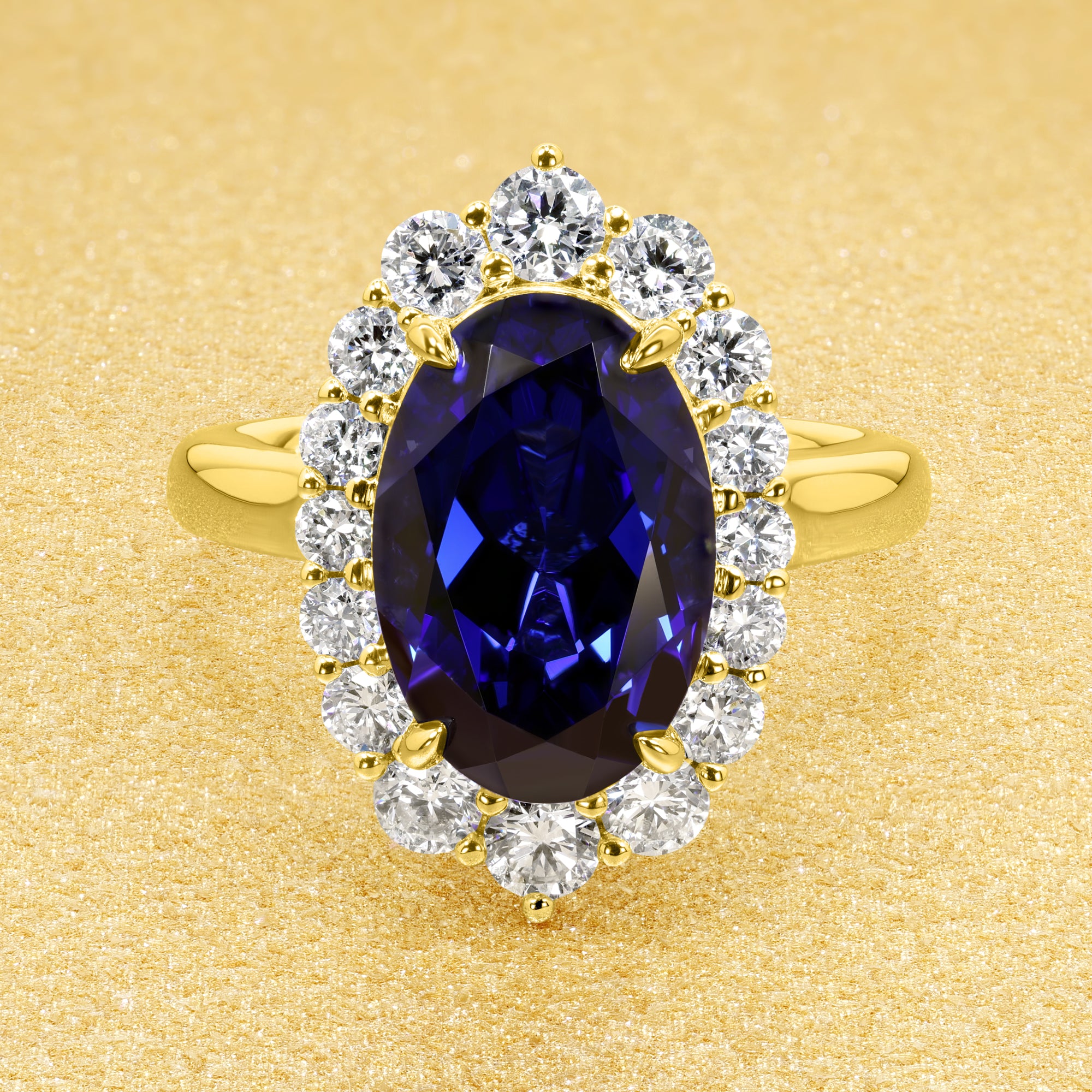 The Gloria, 4ct Elongated Oval-cut Blue Sapphire Halo Cathedral Ring by Earthena Jewelry of Beverly Hills handcrafted in Los Angeles, California.