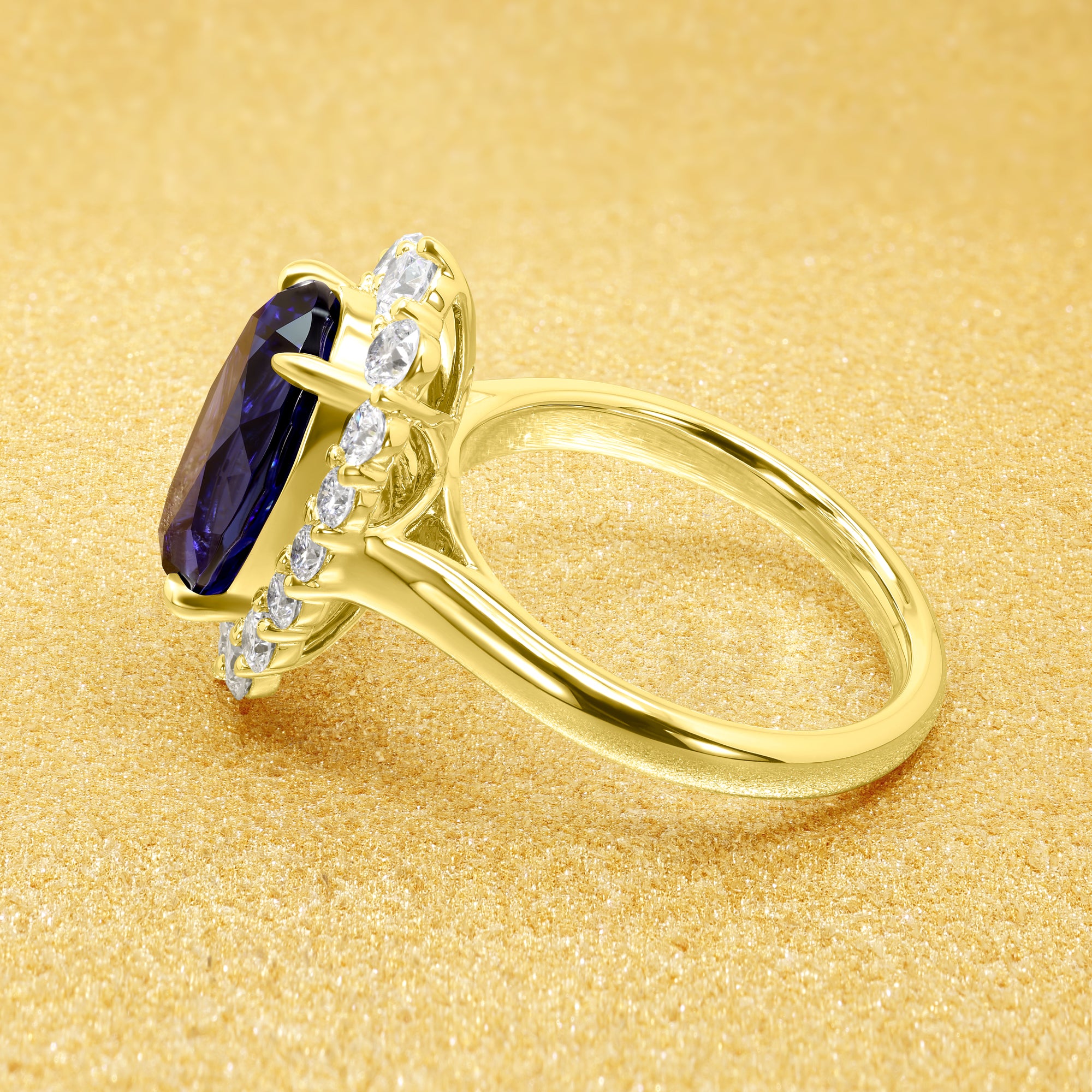 The Gloria, 4ct Elongated Oval-cut Blue Sapphire Halo Cathedral Ring by Earthena Jewelry of Beverly Hills handcrafted in Los Angeles, California.