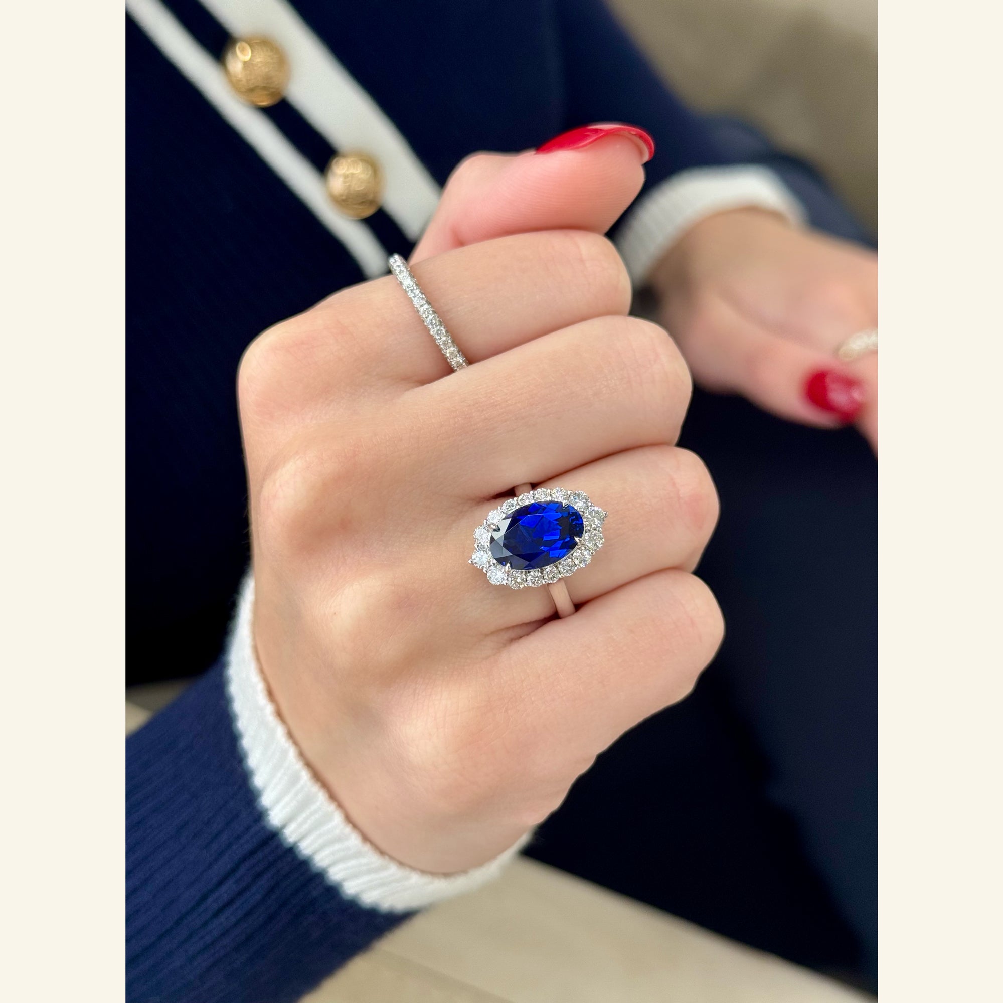 The Gloria, 4ct Elongated Oval-cut Blue Sapphire Halo Cathedral Ring by Earthena Jewelry of Beverly Hills handcrafted in Los Angeles, California.