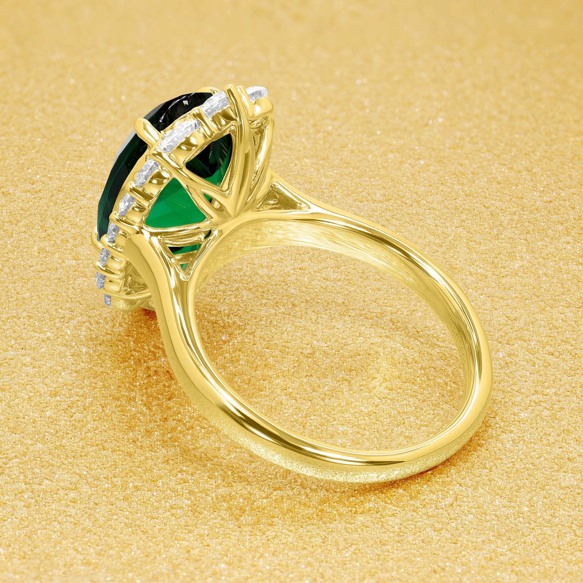 Gloria 3ct Elongated Lab-grown Oval-cut Zambia Green Emerald Halo Cathedral Engagement Ring in 14K Gold, 18K Gold, or Platinum by Earthena Jewelry of Beverly Hills.