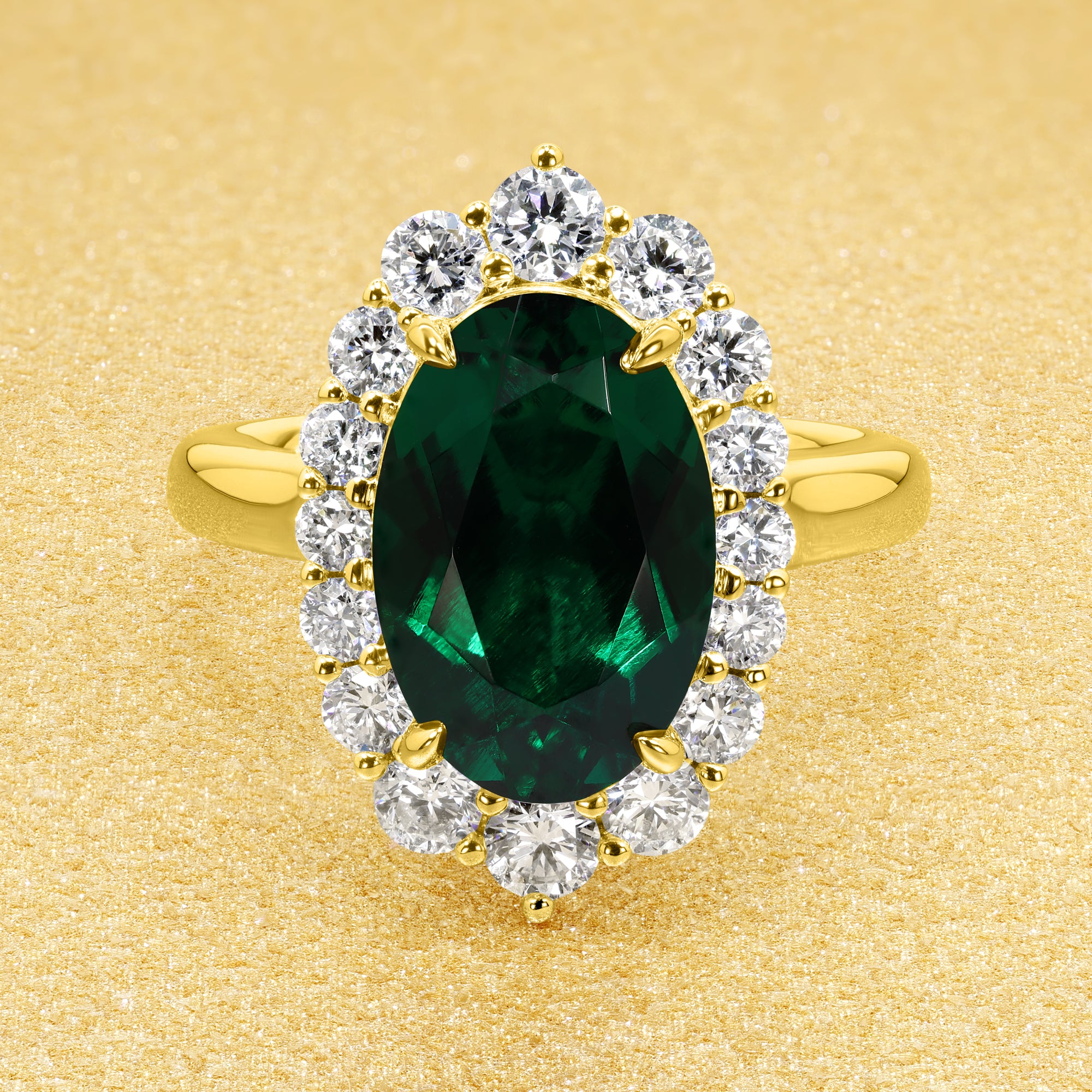 Gloria 3ct Elongated Lab-grown Oval-cut Zambia Green Emerald Halo Cathedral Engagement Ring in 14K Gold, 18K Gold, or Platinum by Earthena Jewelry of Beverly Hills.