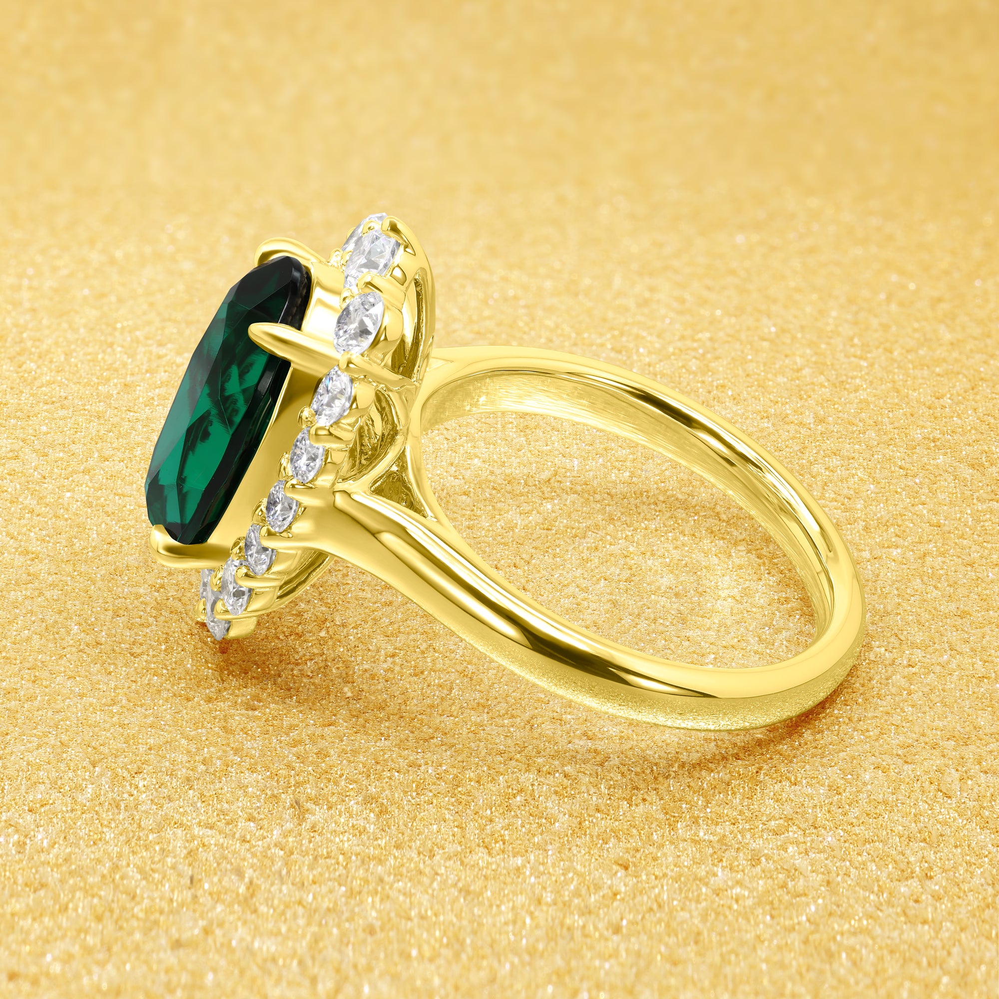 Gloria 3ct Elongated Lab-grown Oval-cut Zambia Green Emerald Halo Cathedral Engagement Ring in 14K Gold, 18K Gold, or Platinum by Earthena Jewelry of Beverly Hills.
