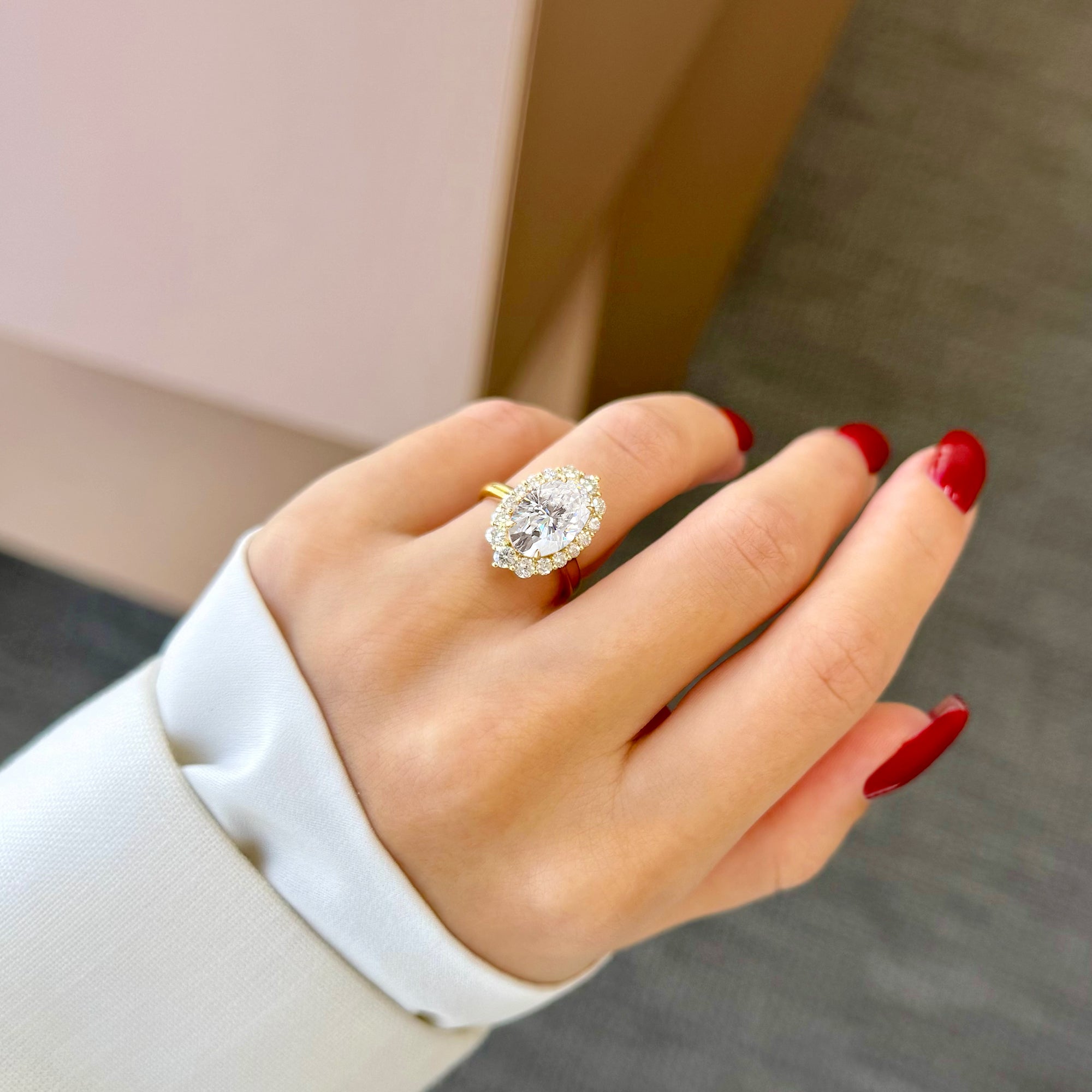 Gloria 4ct Elongated Oval-cut Moissanite Halo Cathedral Engagement ring in 14K Gold, 18K Gold, or Platinum by Earthena Jewelry of Beverly Hills handcrafted in Los Angeles.