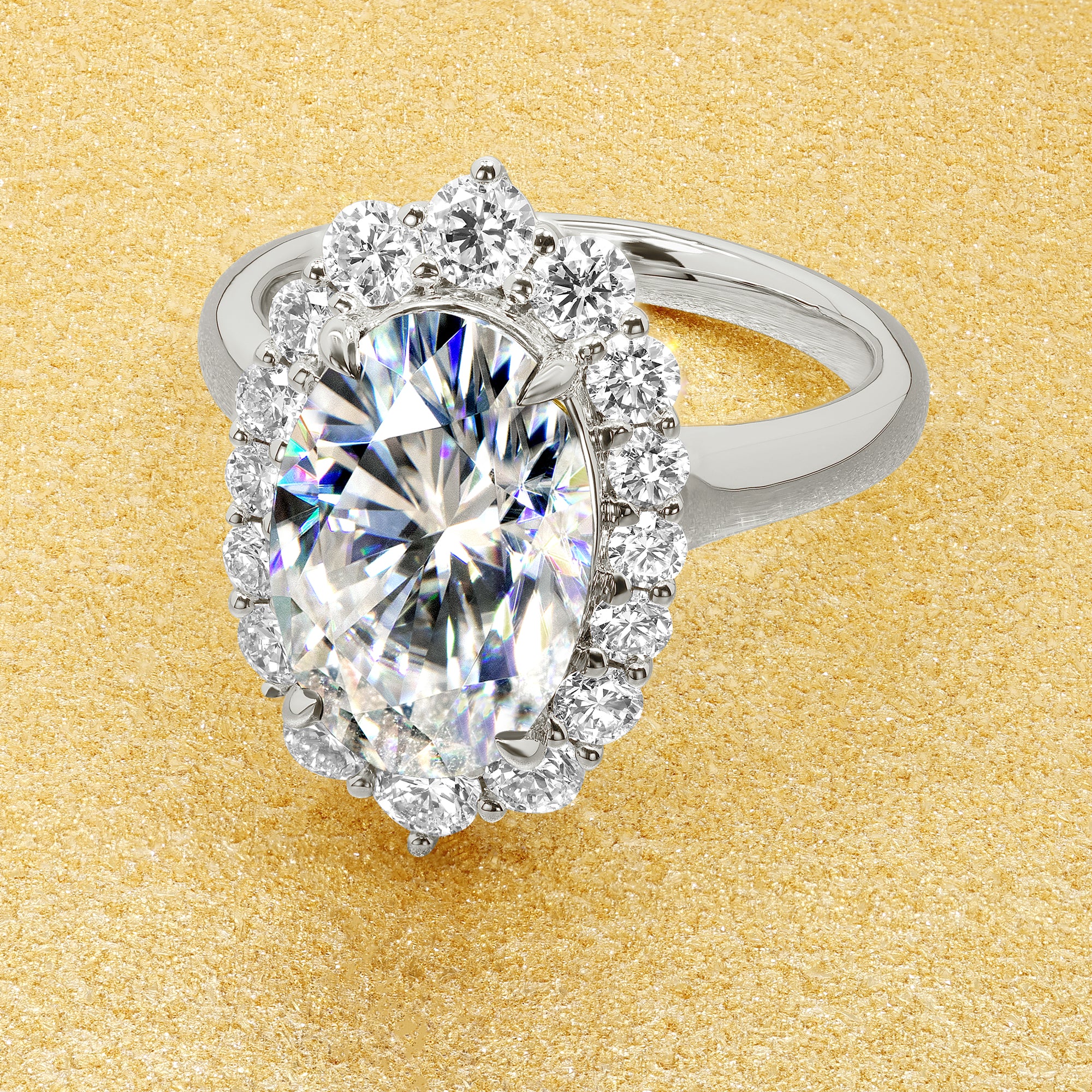 Gloria 4ct Elongated Oval-cut Moissanite Halo Cathedral Engagement ring in 14K Gold, 18K Gold, or Platinum by Earthena Jewelry of Beverly Hills handcrafted in Los Angeles.