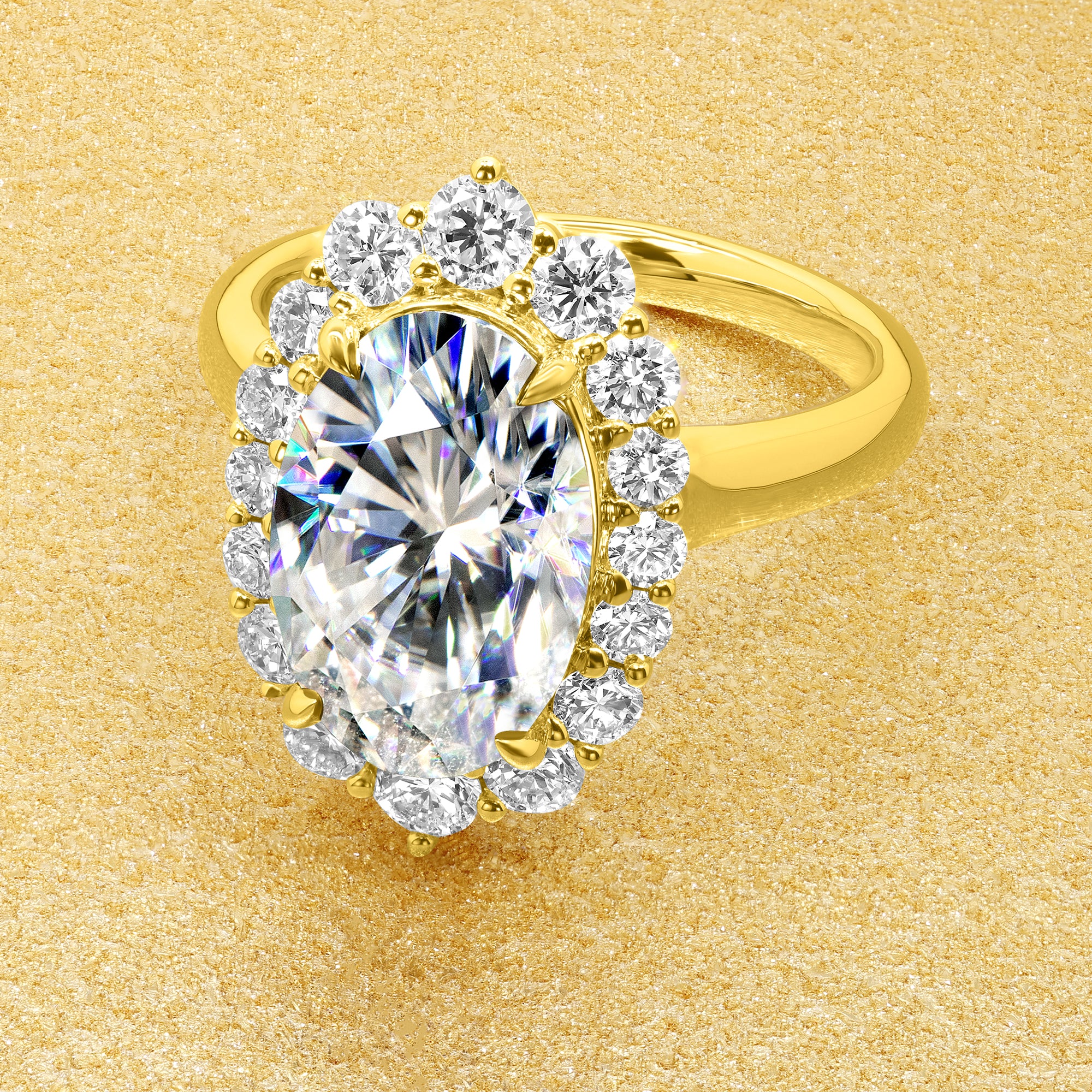 Gloria 4ct Elongated Oval-cut Moissanite Halo Cathedral Engagement ring in 14K Gold, 18K Gold, or Platinum by Earthena Jewelry of Beverly Hills handcrafted in Los Angeles.