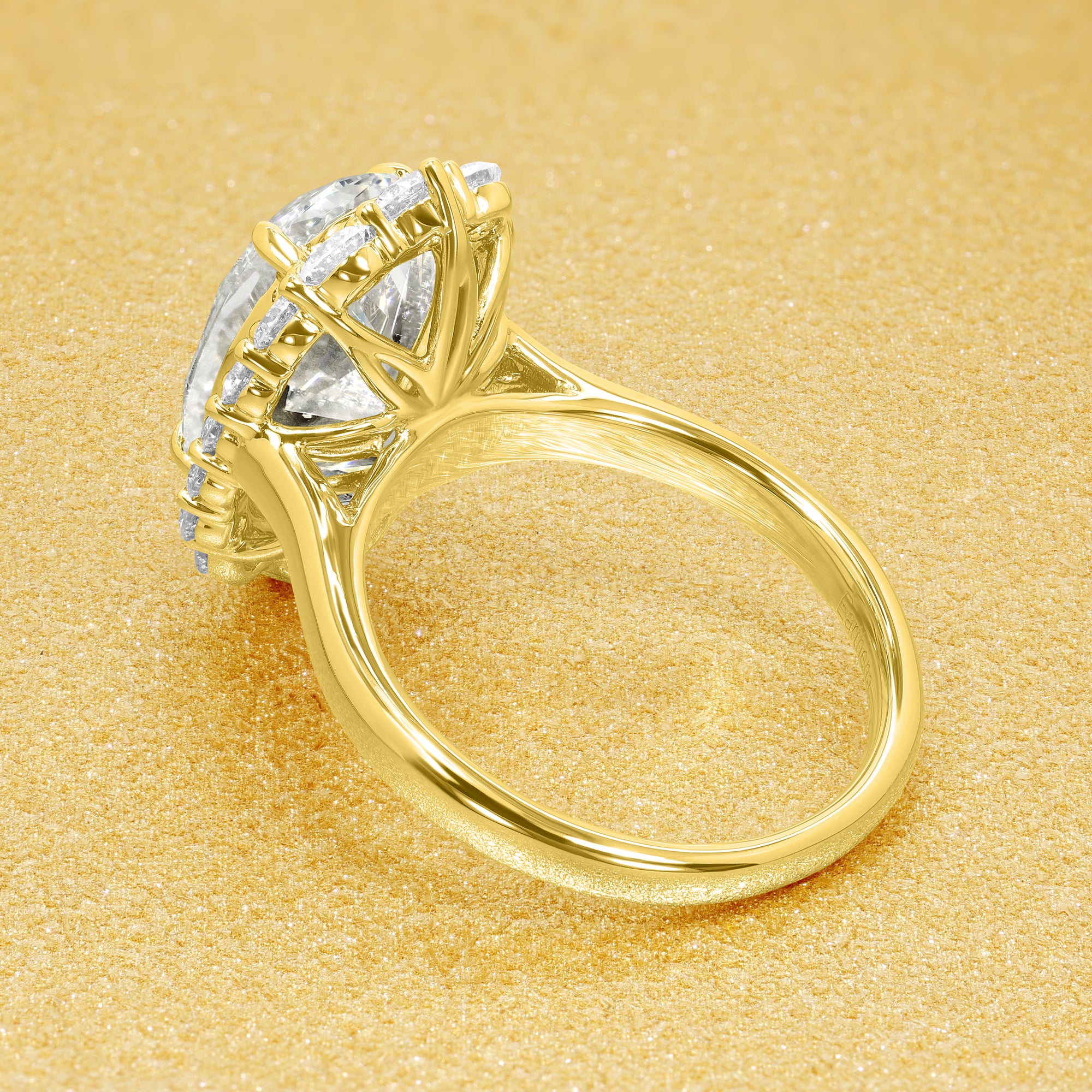 Gloria 4ct Elongated Oval-cut Moissanite Halo Cathedral Engagement ring in 14K Gold, 18K Gold, or Platinum by Earthena Jewelry of Beverly Hills handcrafted in Los Angeles.