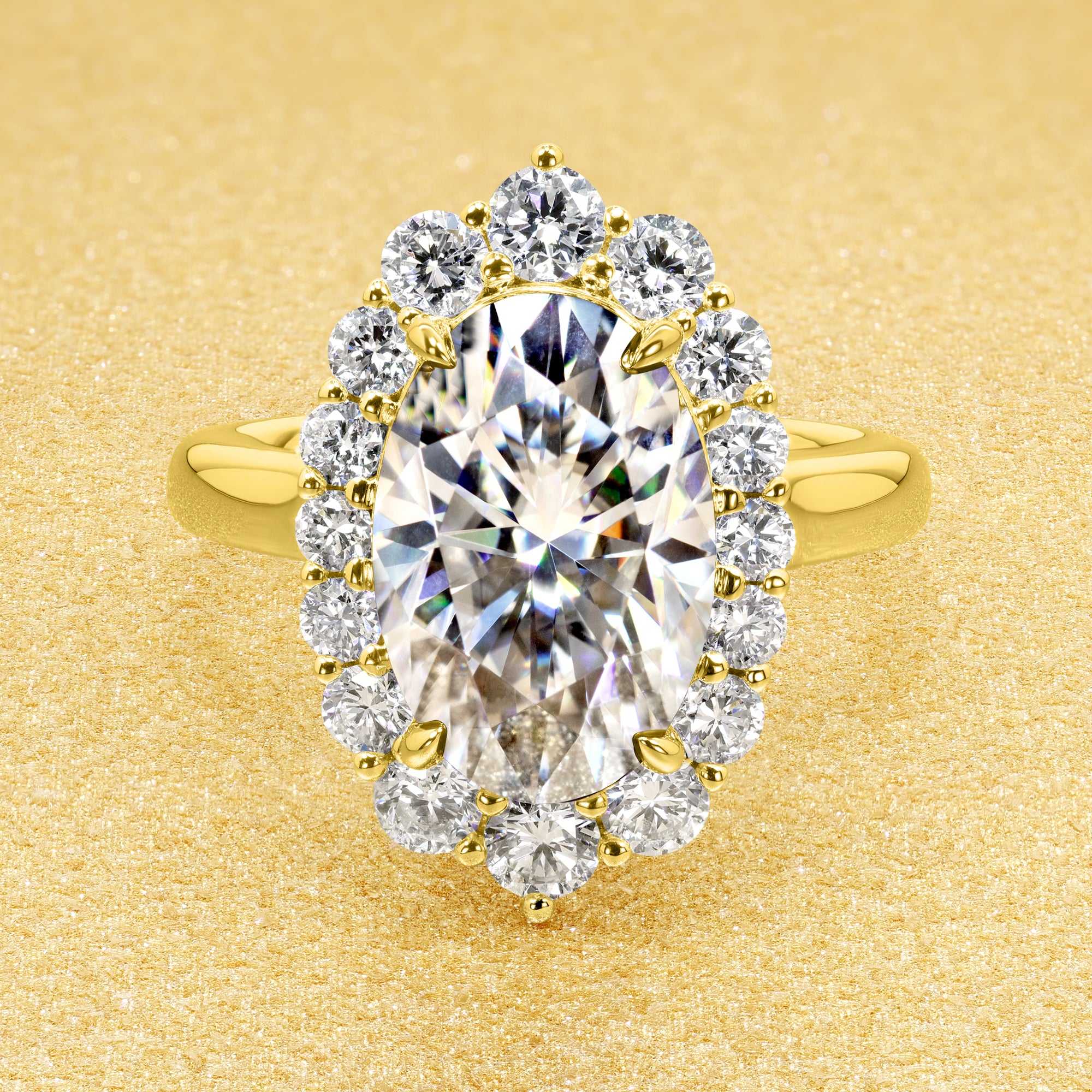 Gloria 4ct Elongated Oval-cut Moissanite Halo Cathedral Engagement ring in 14K Gold, 18K Gold, or Platinum by Earthena Jewelry of Beverly Hills handcrafted in Los Angeles.