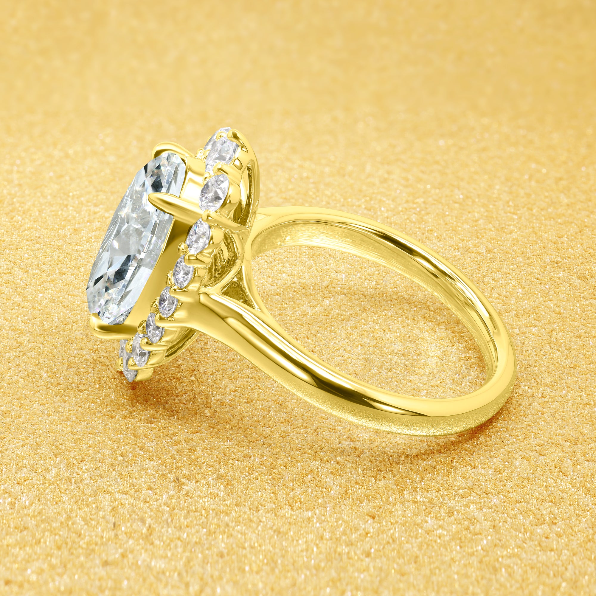 Gloria 4ct Elongated Oval-cut Moissanite Halo Cathedral Engagement ring in 14K Gold, 18K Gold, or Platinum by Earthena Jewelry of Beverly Hills handcrafted in Los Angeles.