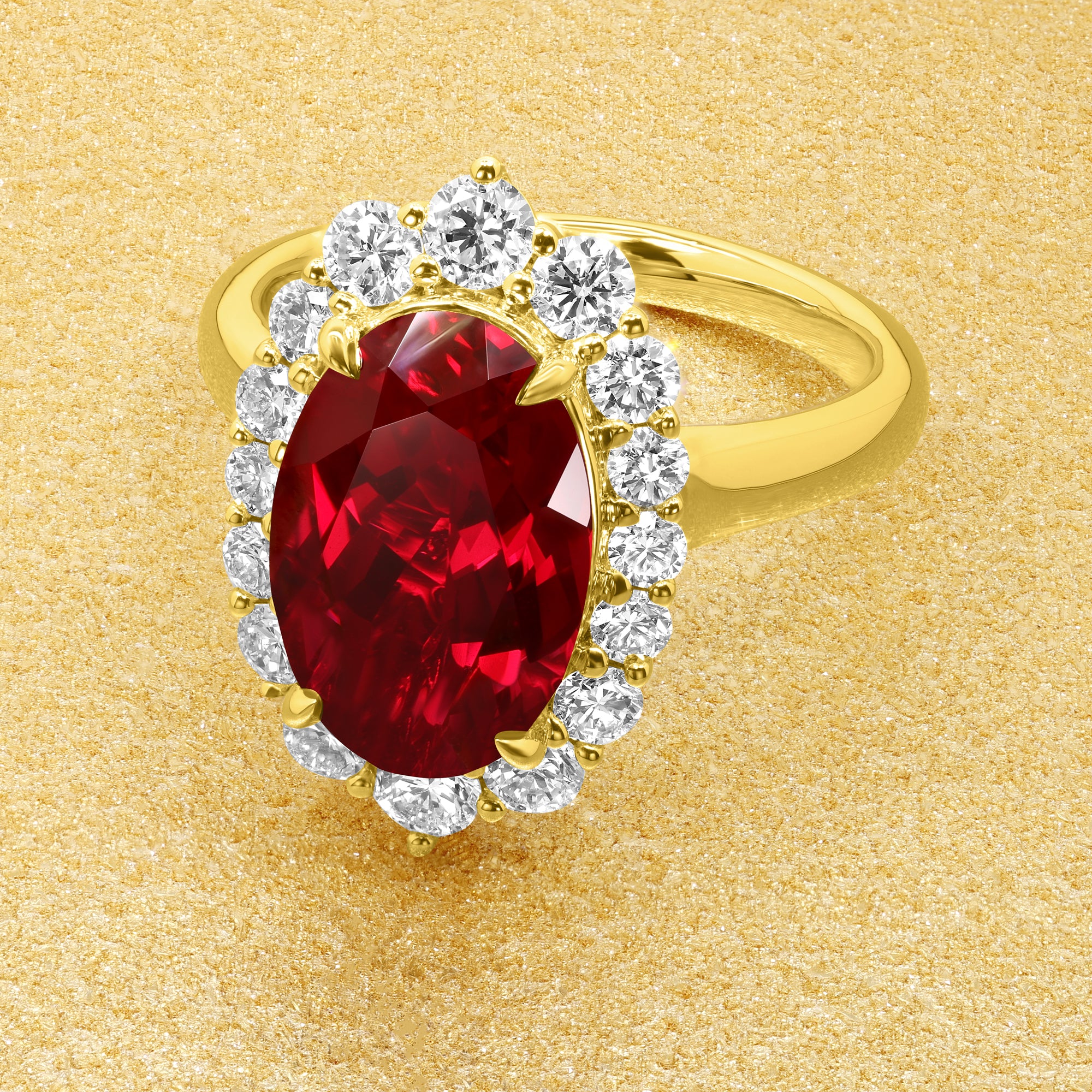 The Gloria, 4ct Elongated Lab-grown Oval-cut Ruby Halo Cathedral Engagement Ring by Earthena Jewelry of Beverly Hills handcrafted in Los Angeles.