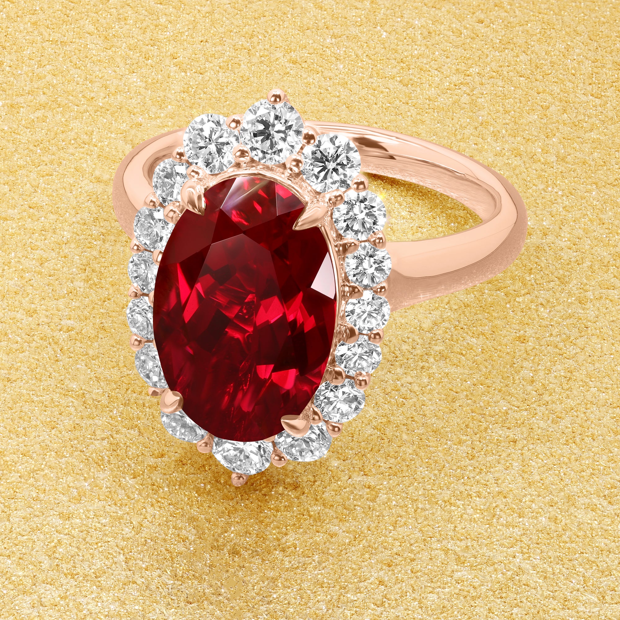 The Gloria, 4ct Elongated Lab-grown Oval-cut Ruby Halo Cathedral Engagement Ring by Earthena Jewelry of Beverly Hills handcrafted in Los Angeles.