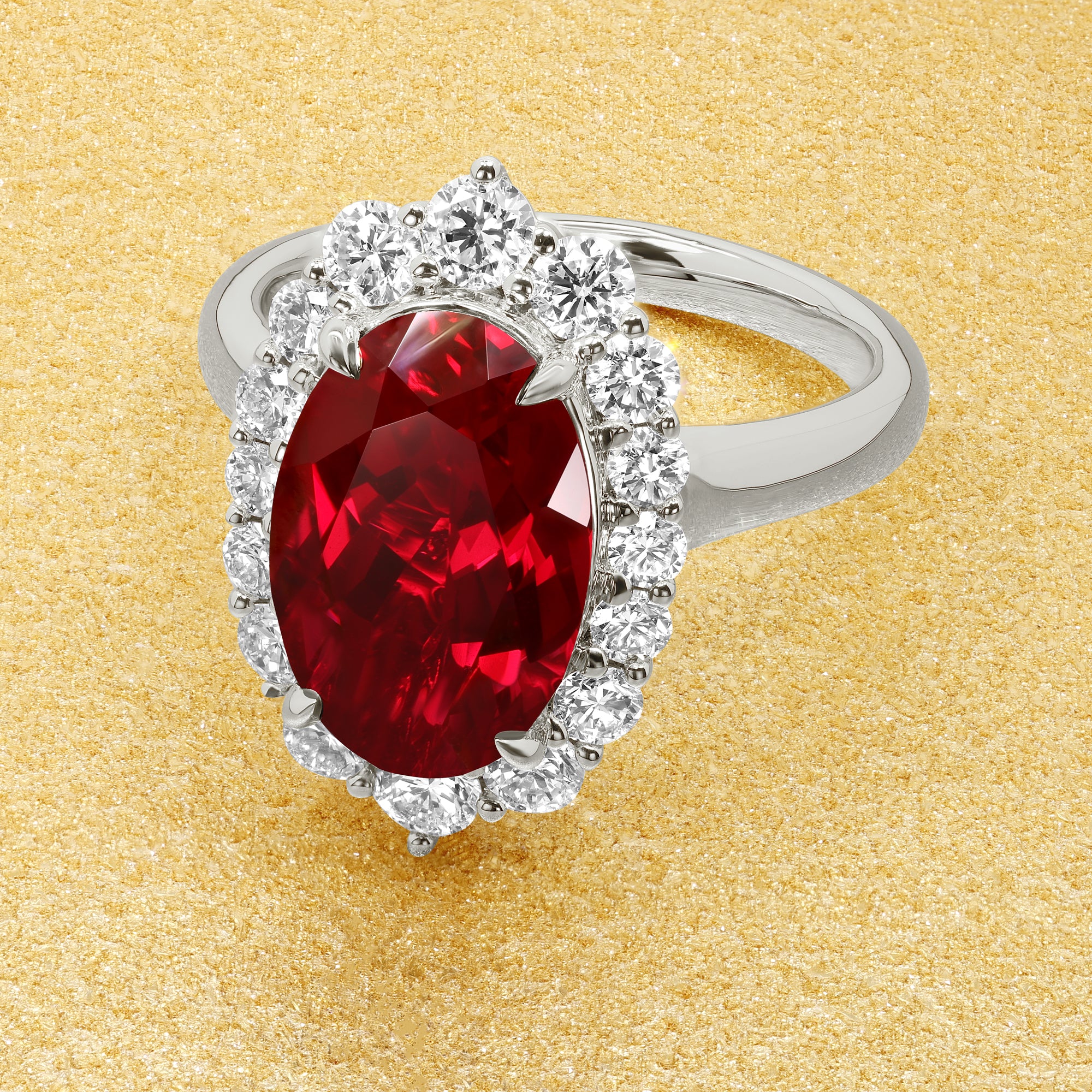 The Gloria, 4ct Elongated Lab-grown Oval-cut Ruby Halo Cathedral Engagement Ring by Earthena Jewelry of Beverly Hills handcrafted in Los Angeles.