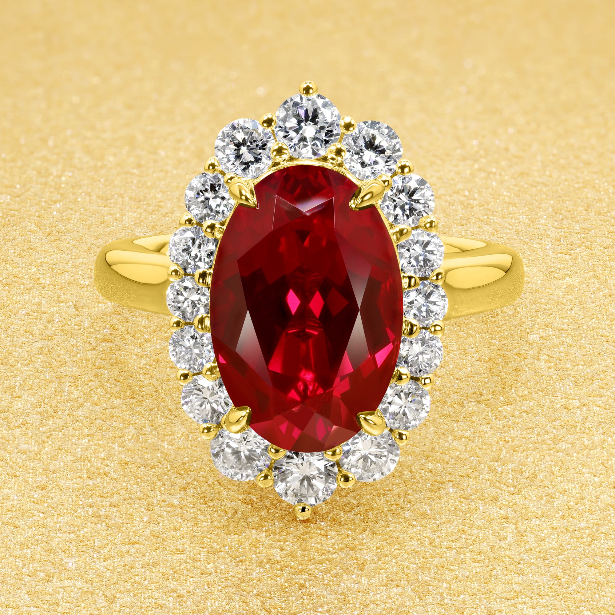 The Gloria, 4ct Elongated Lab-grown Oval-cut Ruby Halo Cathedral Engagement Ring by Earthena Jewelry of Beverly Hills handcrafted in Los Angeles.