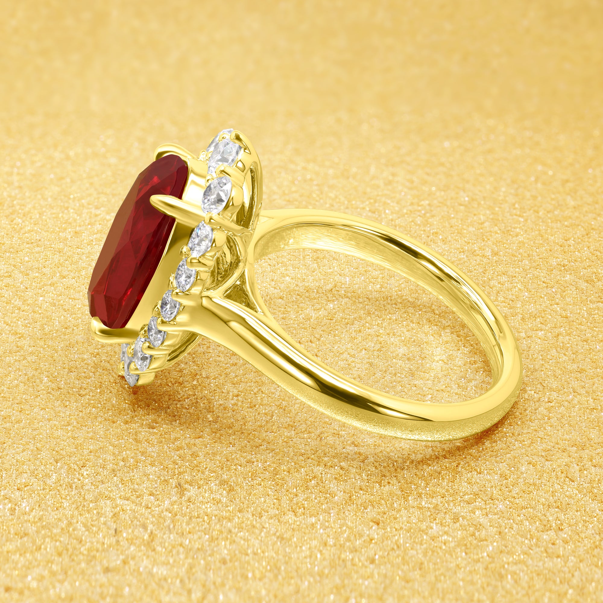 The Gloria, 4ct Elongated Lab-grown Oval-cut Ruby Halo Cathedral Engagement Ring by Earthena Jewelry of Beverly Hills handcrafted in Los Angeles.