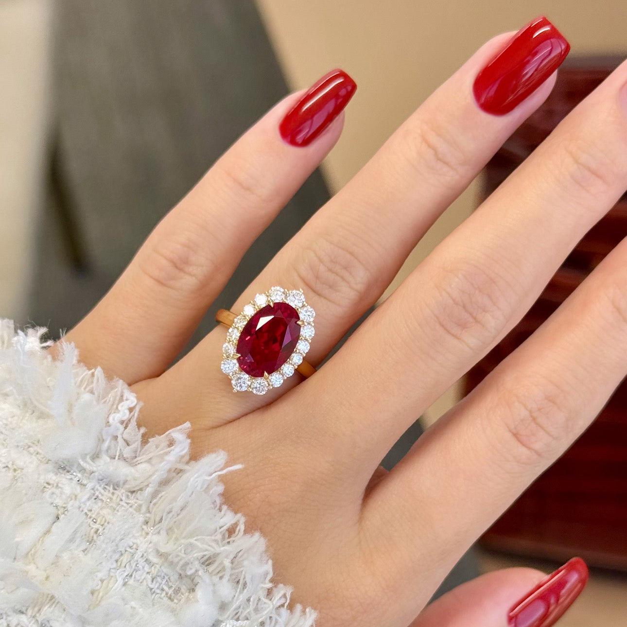 The Gloria, 4ct Elongated Lab-grown Oval-cut Ruby Halo Cathedral Engagement Ring by Earthena Jewelry of Beverly Hills handcrafted in Los Angeles.