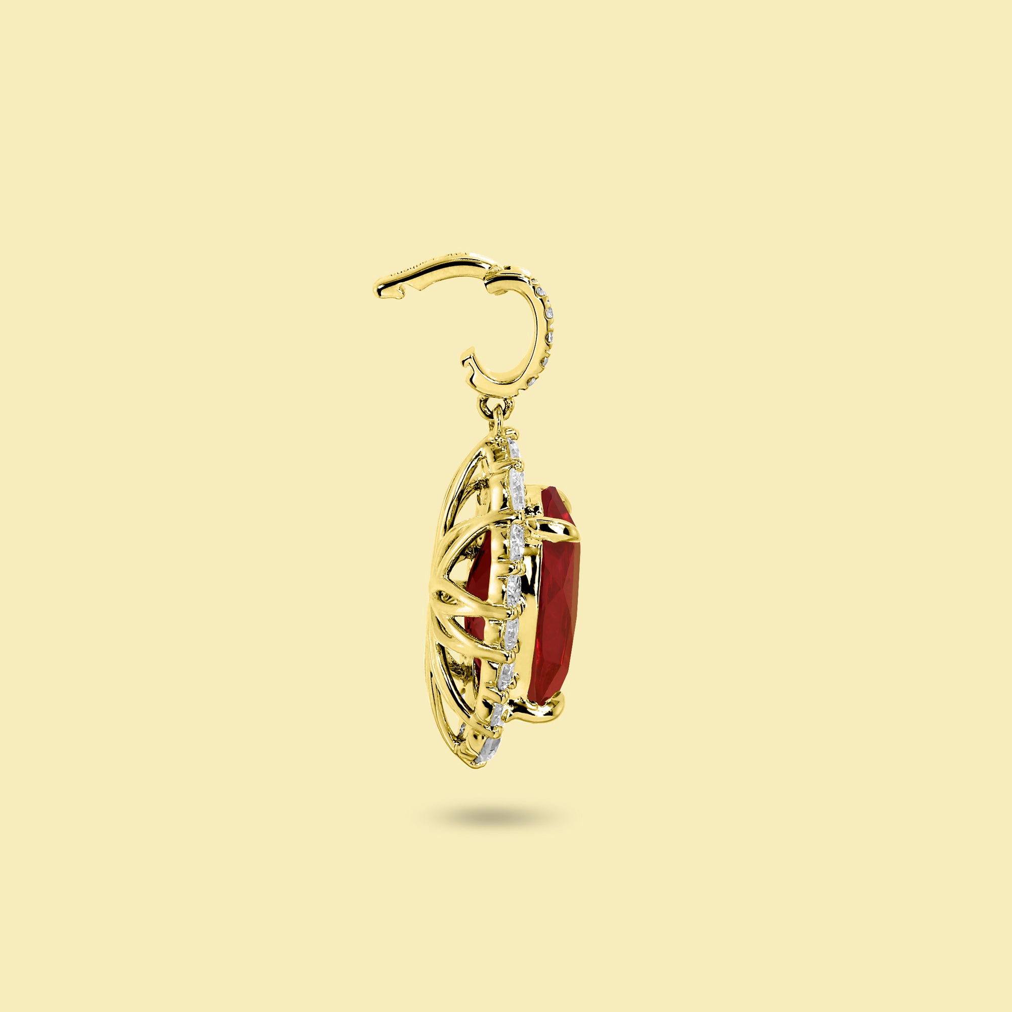 Gloria 4ct Elongated Lab-Grown Oval-Cut Ruby Halo Charm Pendant in 14K Gold, 18K Gold, or Platinum by Earthena Jewelry of Beverly Hills.