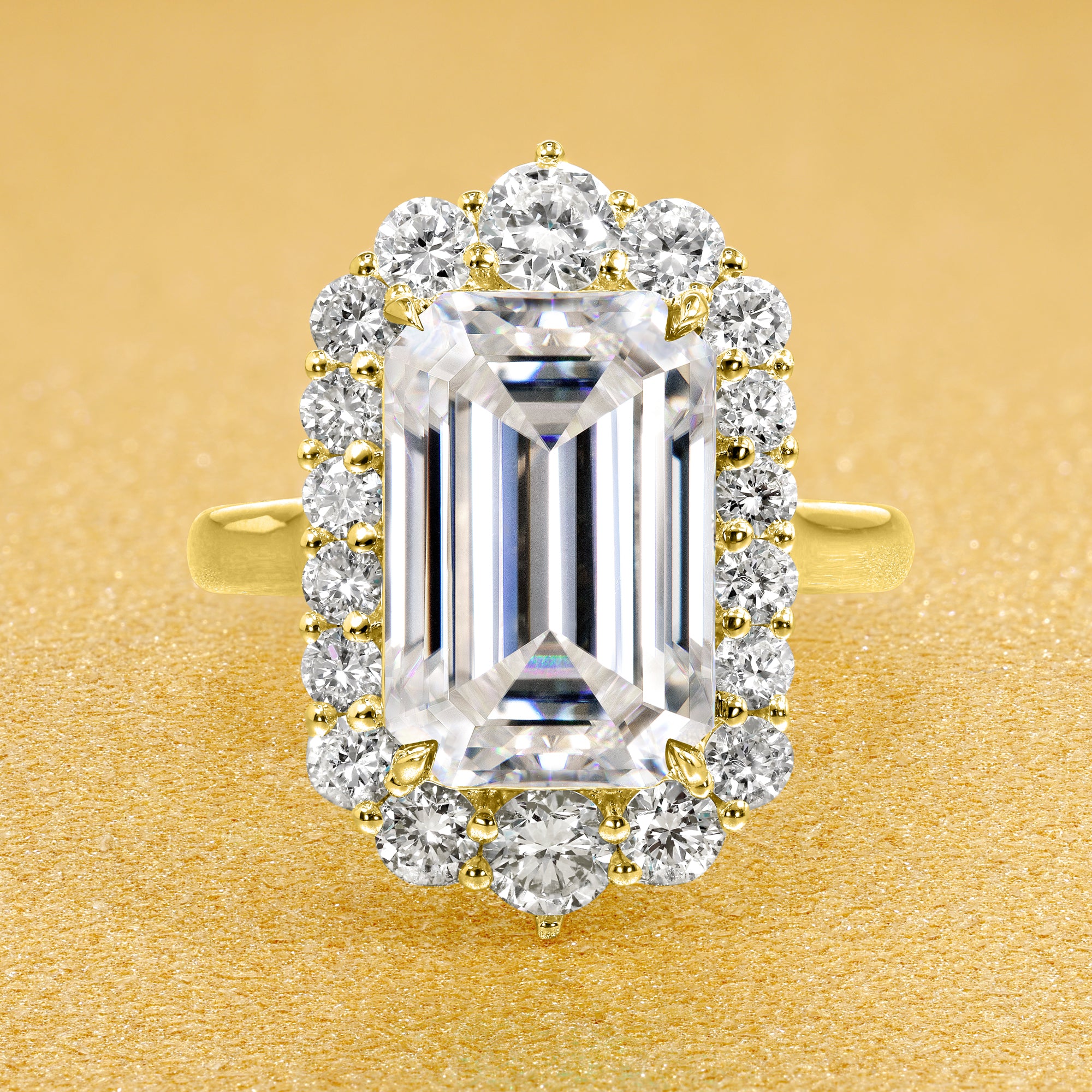 Gloria 5.5ct Elongated Emerald-Cut Moissanite Halo Cathedral Engagement Ring in 14K Gold, 18K Gold, or Platinum by Earthena Jewelry of Beverly Hills.