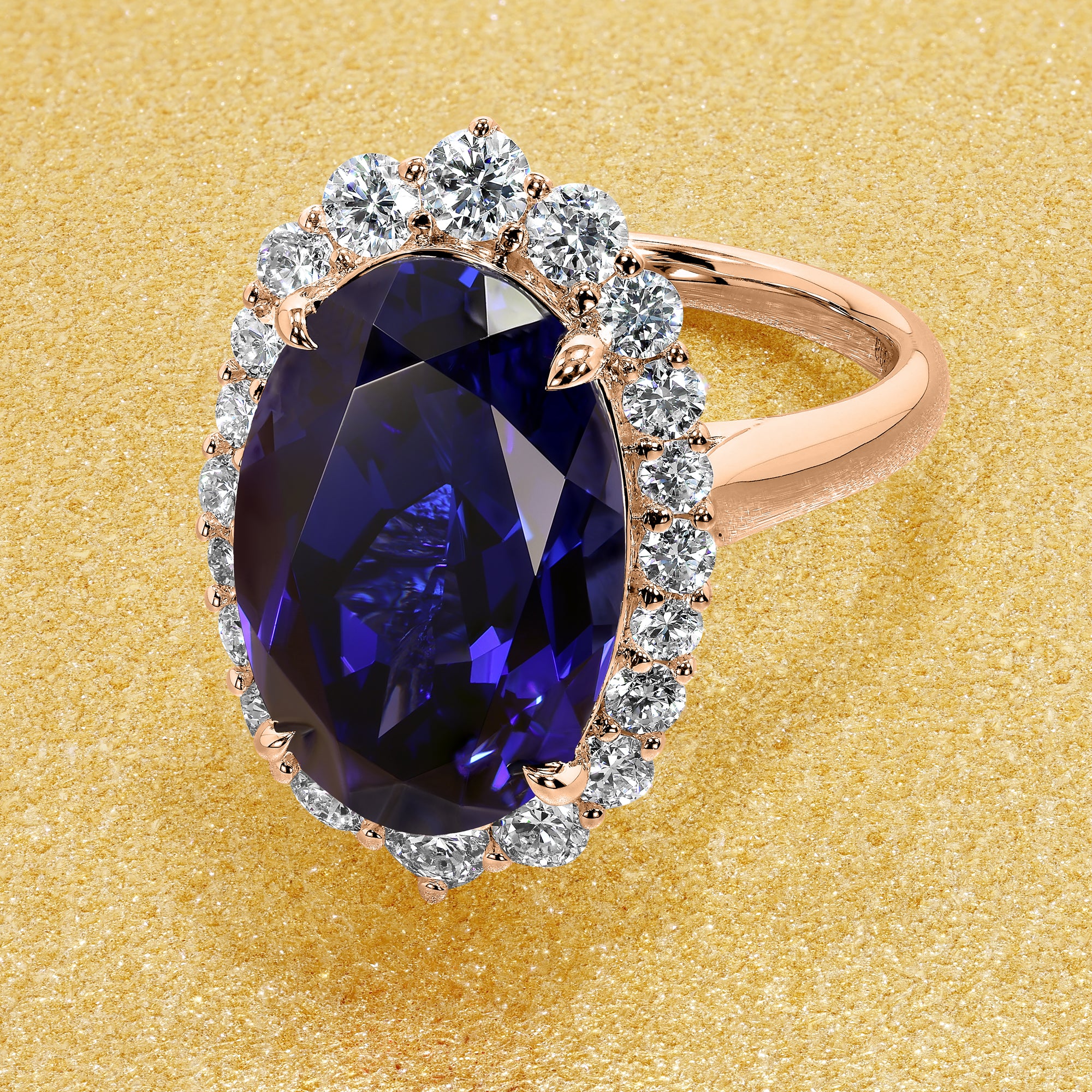 Gloria 8ct Elongated Lab-grown Oval-cut Blue Sapphire Halo Cathedral Engagement ring in 14K Gold, 18K Gold, or Platinum by Earthena Jewelry of Beverly Hills.