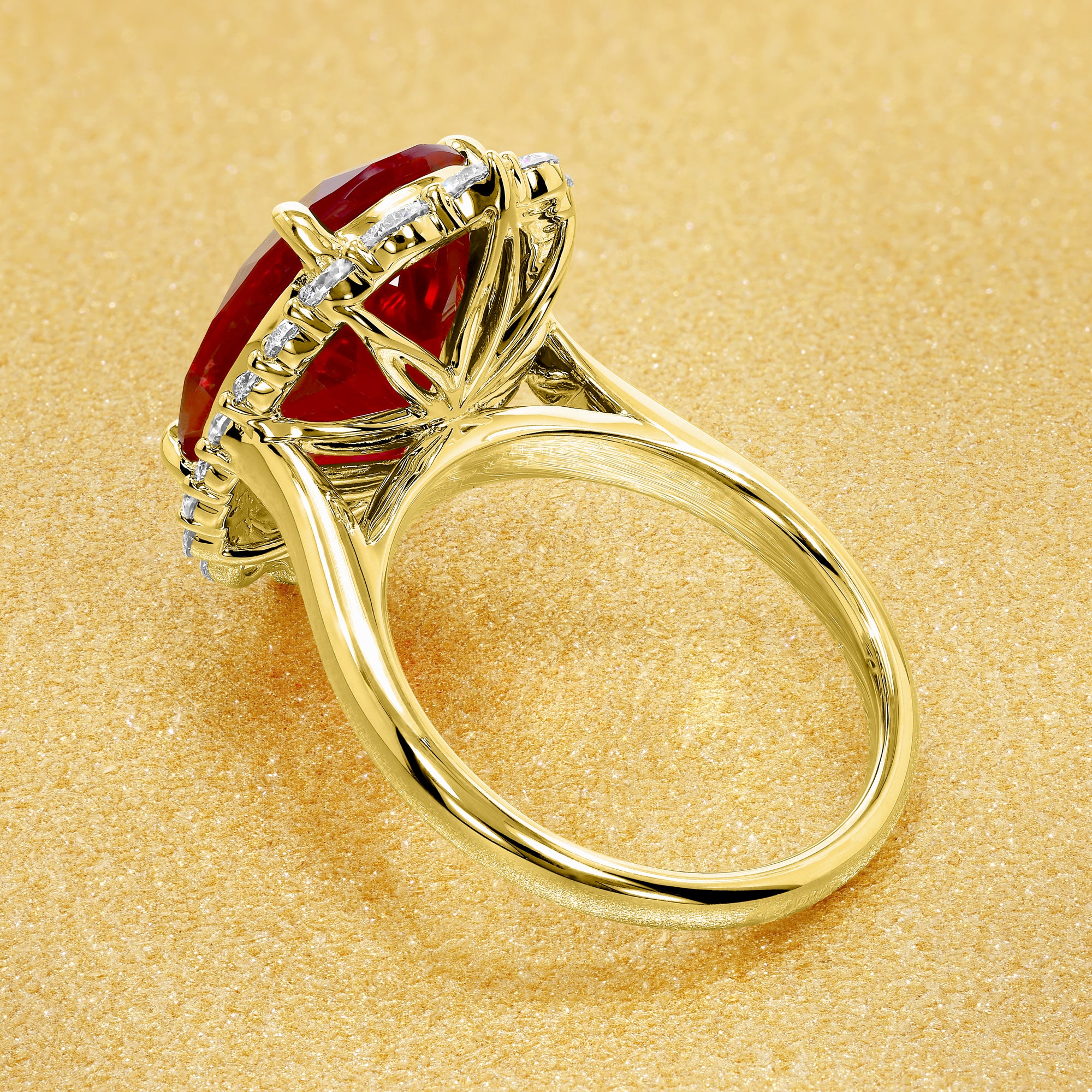 Gloria 8ct Elongated Lab-grown Oval-cut Ruby Halo Cathedral Engagement Ring in 14K Gold, 18K Gold, or Platinum by Earthena Jewelry of Beverly Hills.
