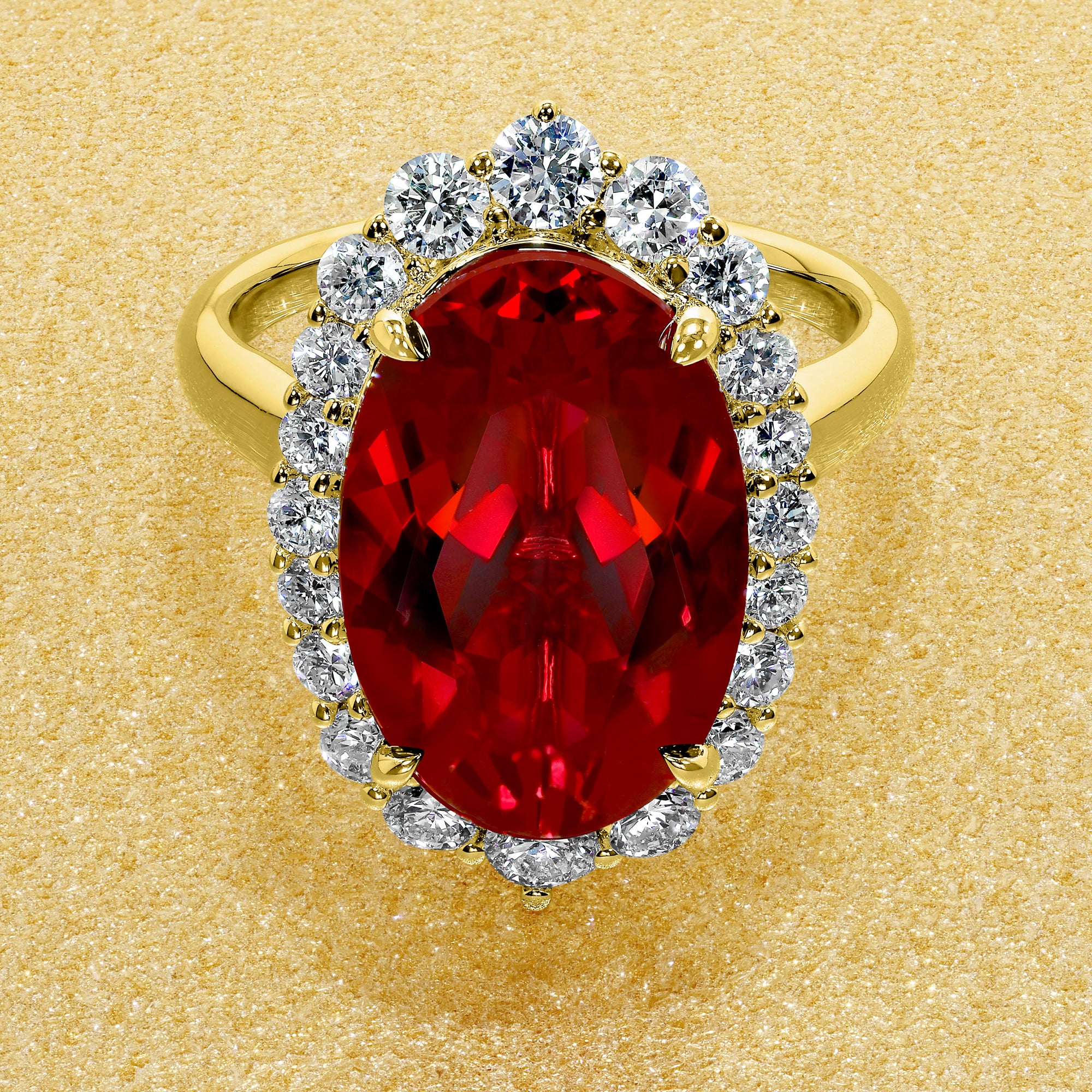 Gloria 8ct Elongated Lab-grown Oval-cut Ruby Halo Cathedral Engagement Ring in 14K Gold, 18K Gold, or Platinum by Earthena Jewelry of Beverly Hills.