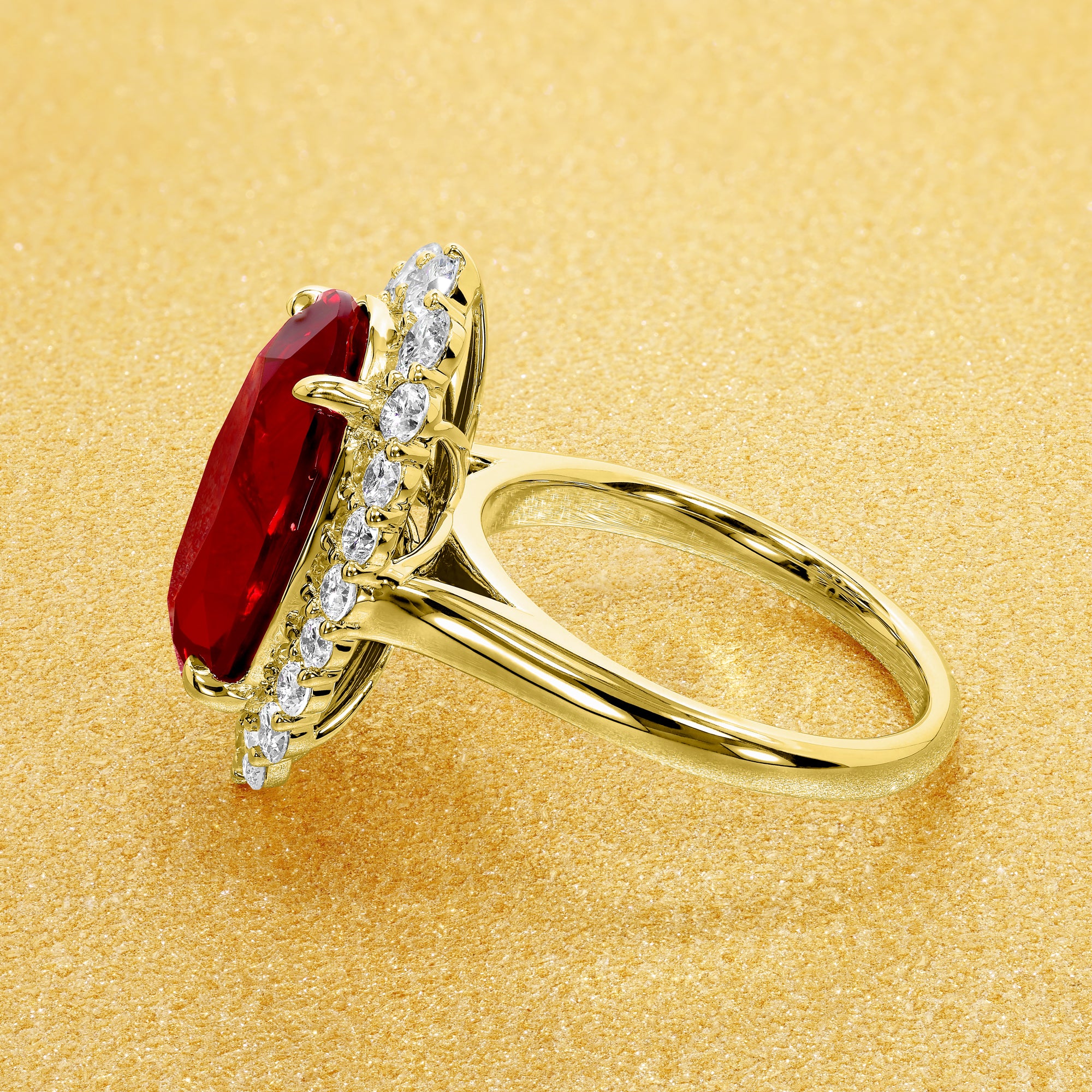 Gloria 8ct Elongated Lab-grown Oval-cut Ruby Halo Cathedral Engagement Ring in 14K Gold, 18K Gold, or Platinum by Earthena Jewelry of Beverly Hills.