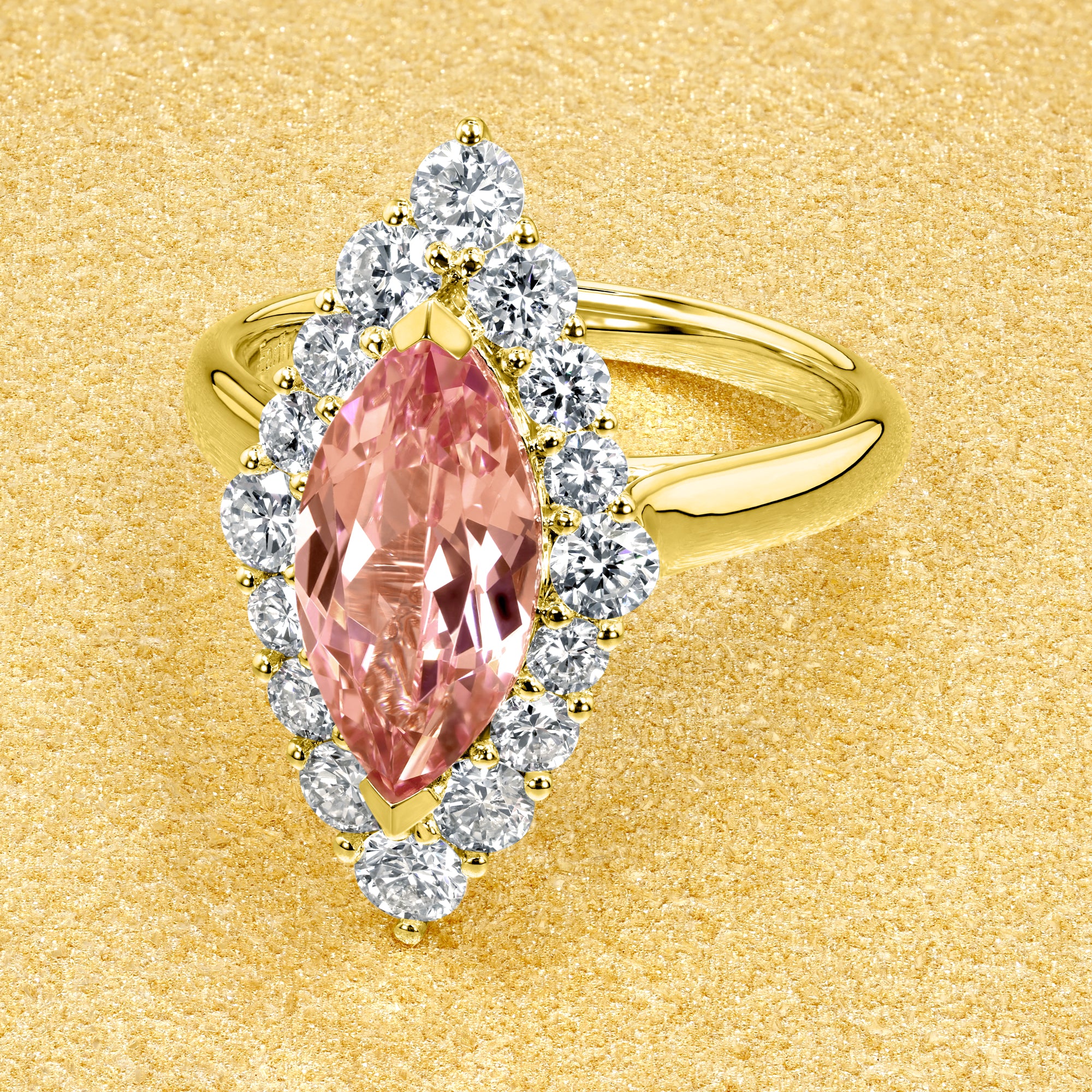 The Gloria, 2ct Lab-Grown Marquise-Cut Padparadscha Pink Sapphire Diamond Halo Cathedral Ring in 14K Gold, 18K Gold, or Platinum by Earthena Jewelry of Beverly Hills.