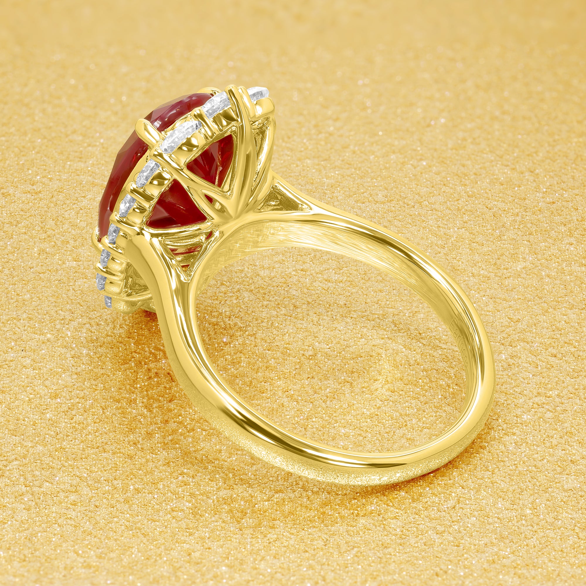 The Gloria, 4ct Elongated Lab-grown Oval-cut Ruby Halo Cathedral Engagement Ring by Earthena Jewelry of Beverly Hills handcrafted in Los Angeles.