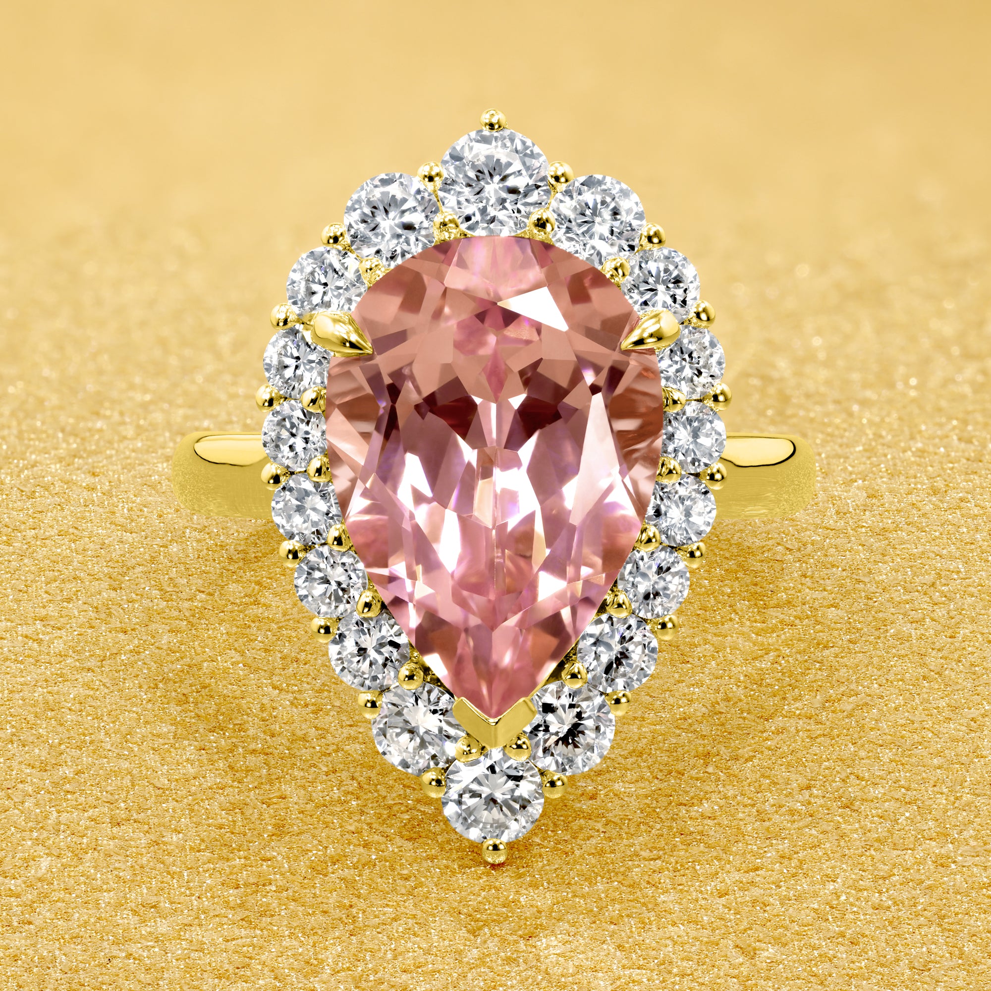 The Gloria, 5ct Lab-Grown Pear-Cut Padparadscha Pink Sapphire Diamond Halo Cathedral Ring in 14K Gold, 18K Gold, or Platinum by Earthena Jewelry of Beverly Hills.